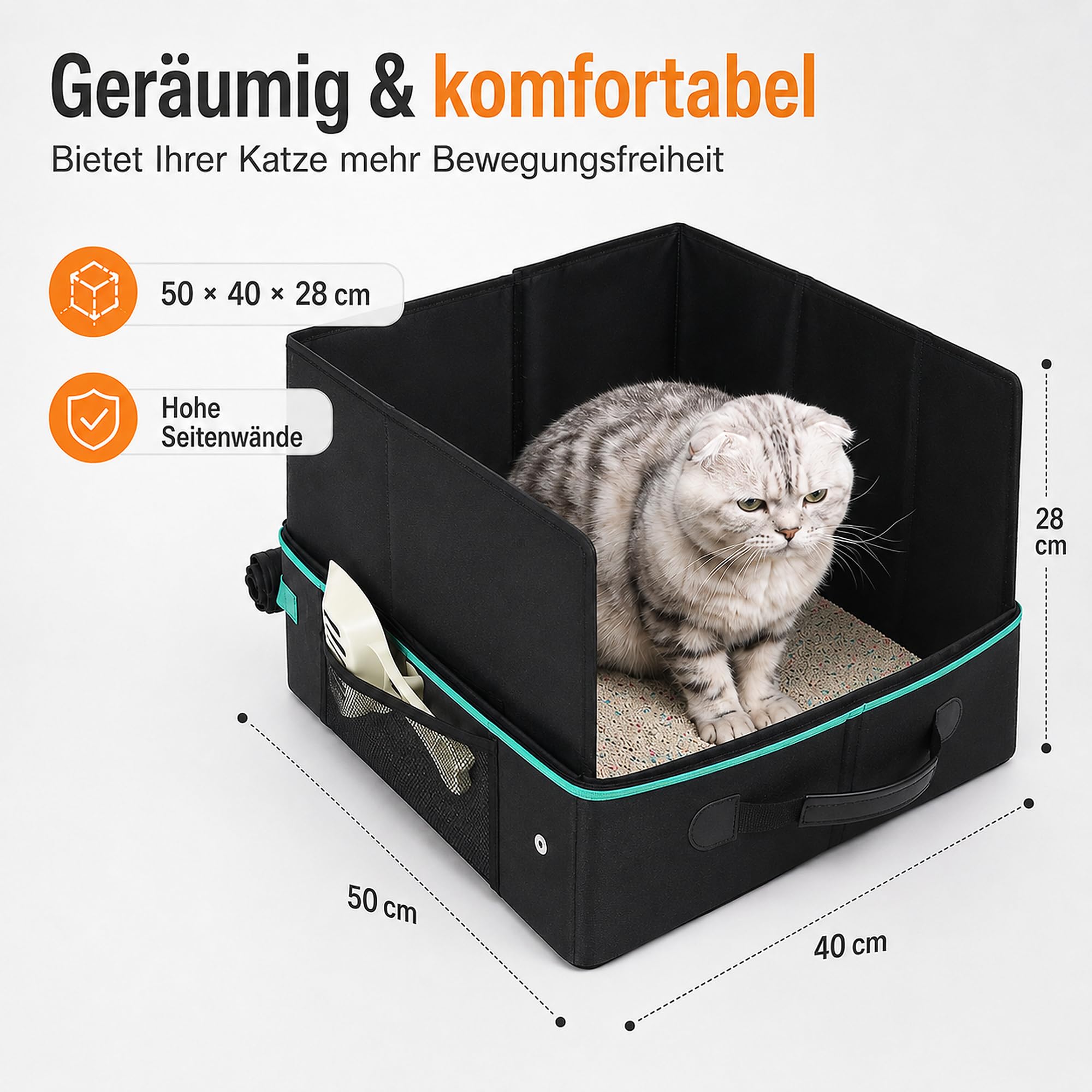 Lettiera pieghevole per gatti, edizione da viaggio, 50 x 40 x 28 cm: lettiera portatile per gatti con coperchio con cerniera, leggera, impermeabile, da viaggio, sonora, accessorio per auto e campeggio