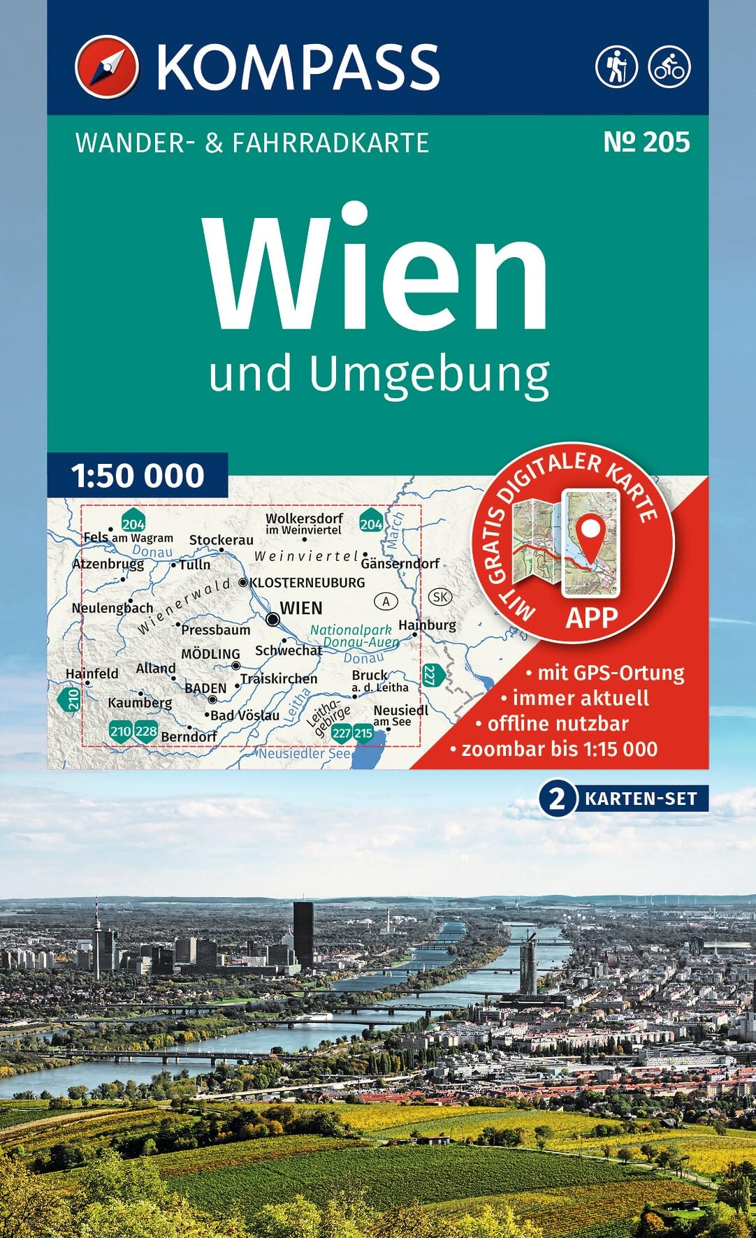 205 WIEN UND UMGEBUNG (SET 2 CARTES): inklusive Karte zur offline Verwendung in der KOMPASS-App. Fahrradfahren.