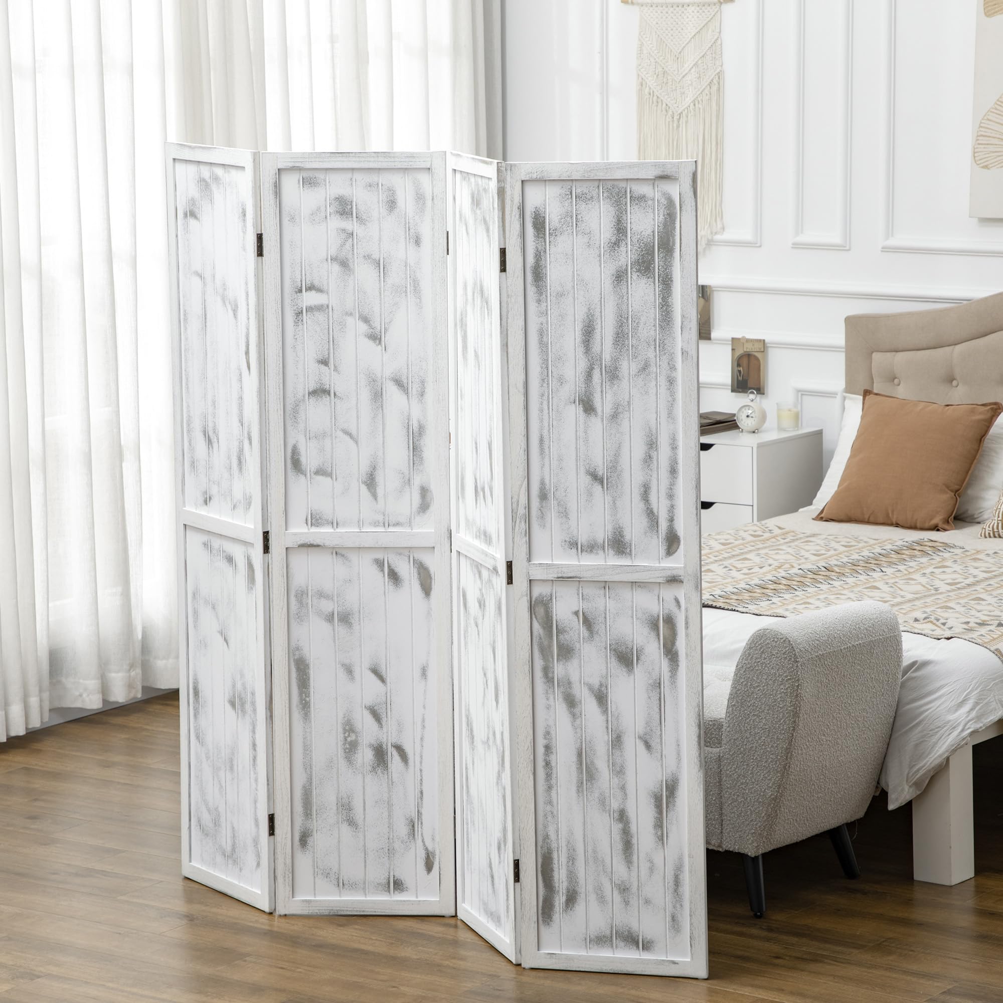 HOMCOM Biombo Plegable de 4 Paneles 160,5x170 cm Blanco | Separador de Ambientes, Divisor de Habitación, Decoración para Dormitorio, Sala, Cocina u Oficina