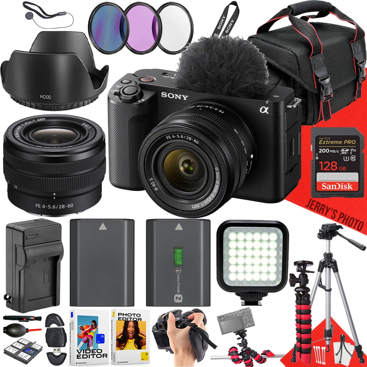 Sony ZV-E1 Mirrorless Camera with Sony FE 28-60mm f/4-5.6 Lens + 128 GB Memory + LED Light + Spider Tripod + Camera Case + Tripod + Card Reader + Extra Battery + More (27pc Bundle)