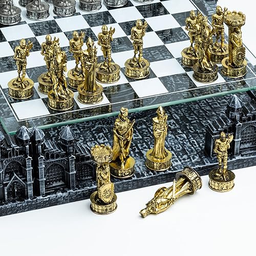 Miniatura 7 de Juego de ajedrez 3D Renaissance Knight - Juego único de tablero de ajedrez - Piezas duraderas de metal dorado y plateado - Tablero de vidrio