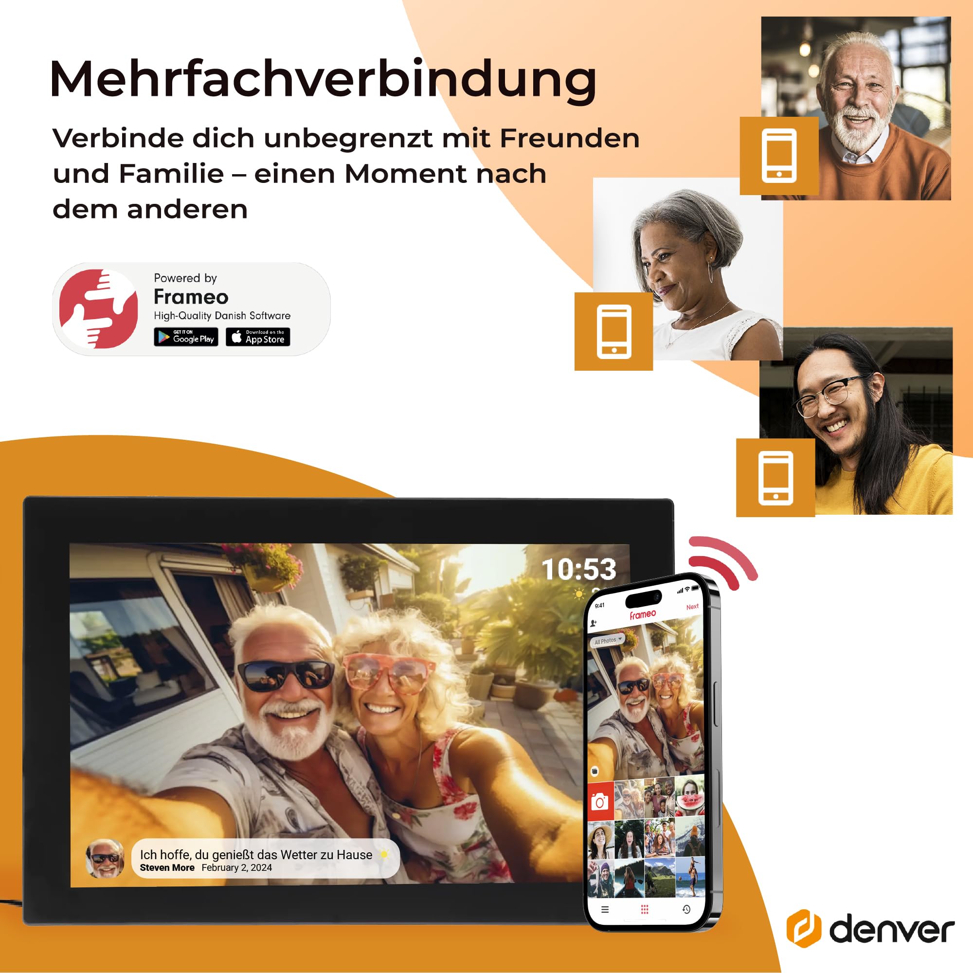 Denver PFF1037 Digitaler Bilderrahmen mit Glasdisplay und WiFi, 10.1 Zoll, Elektronischer Bilderrahmen 16GB mit FRAMEO App, IPS Touchscreen, Auto-Rotate, Micro SD Slot, Schwarz | Bildübertragung per WLAN, vom Handy