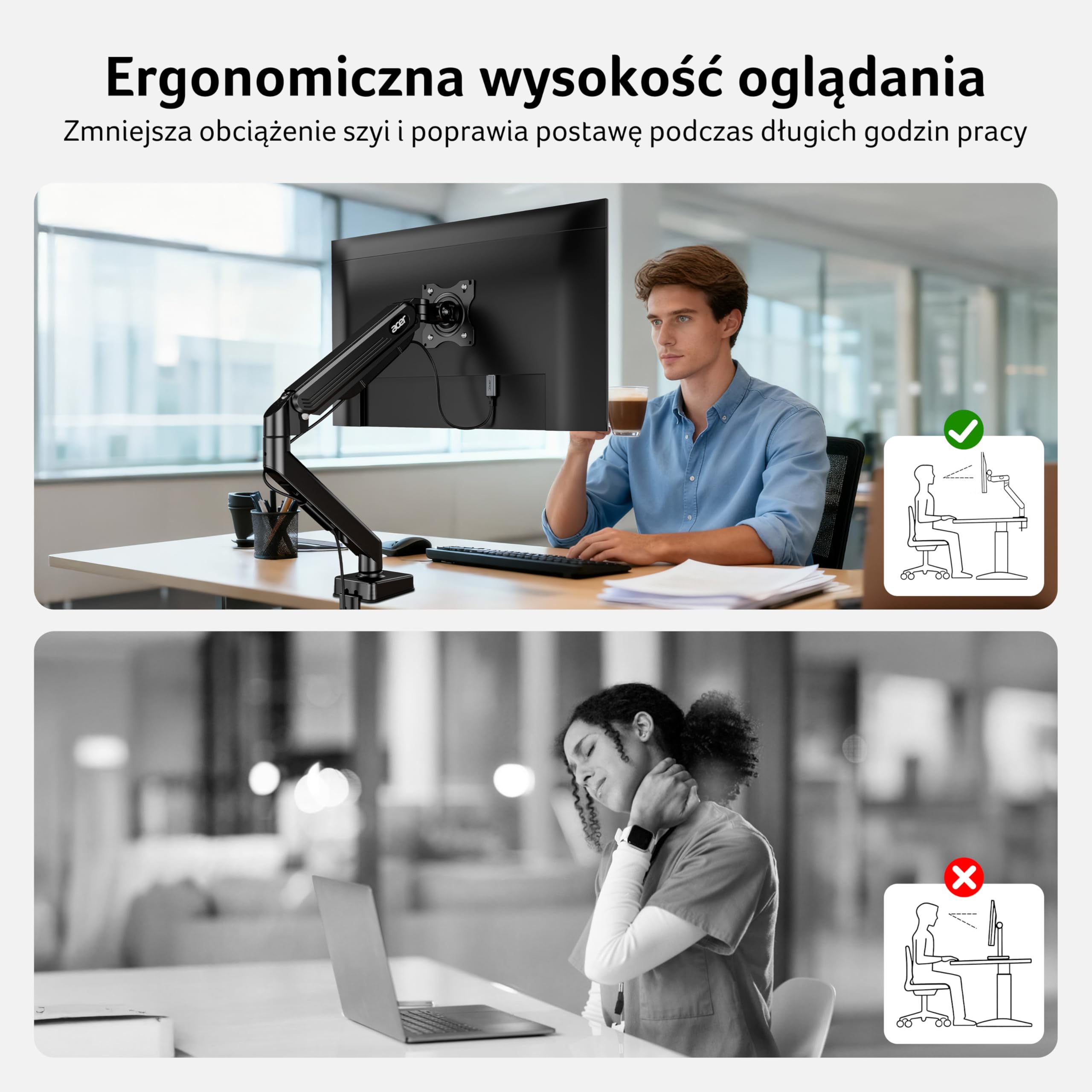 Acer Uchwyt pojedynczy monitor do 17-34 cali, Sprężyna gazowa Ramię | Obciążenie 2-9kg, Stojak regulacją wysokości z Pochylenie Obrót Obracania, VESA 75/100mm, Podstawa zaciskiem C/przelotką