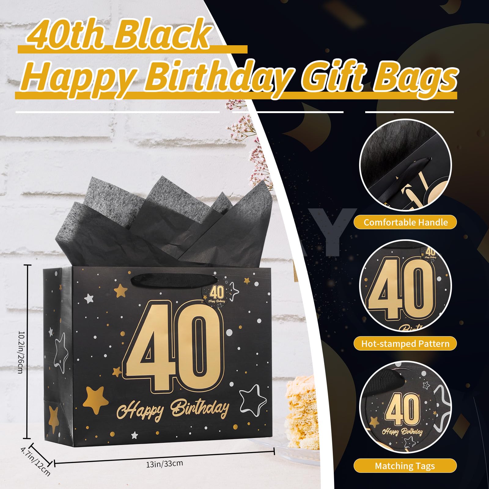 Powbrace 33 cm Geburtstagsgeschenktüte mit Seidenpapier und Karte (Schwarz zum 40. Geburtstag)