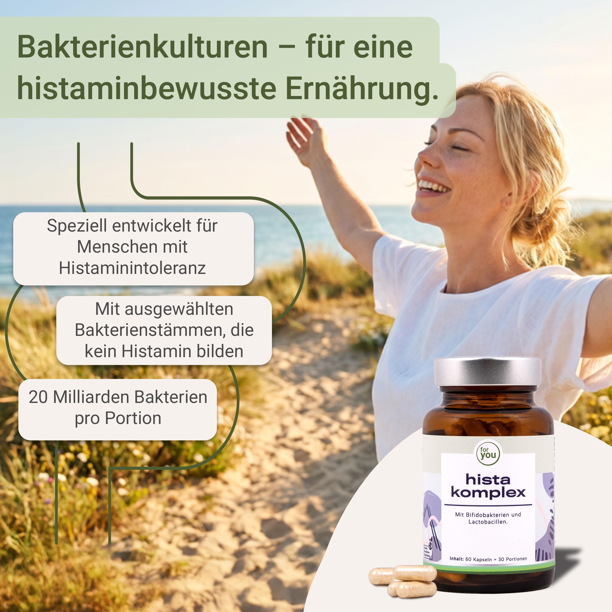 for you hista komplex - Speziell entwickelt für Menschen mit Histaminintoleranz - mit Bifidobakterien und Lactobacillen - 20 Milliarden Bakterien pro Portion Plus Ballaststoffe - 60 Kapseln