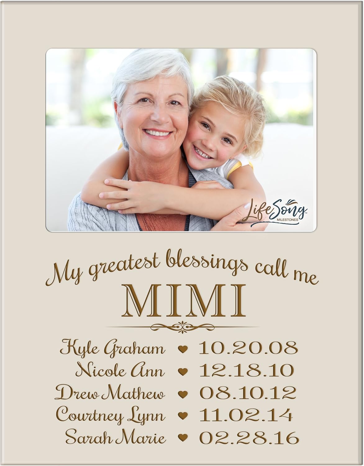 LifeSong Milestones Personalized Gift for Mimi Picture Frame with Children's Names and Kid’s Birth Date Special Dates My Greatest Blessings Call me Mimi Holds 4x6 Photo (Maple)