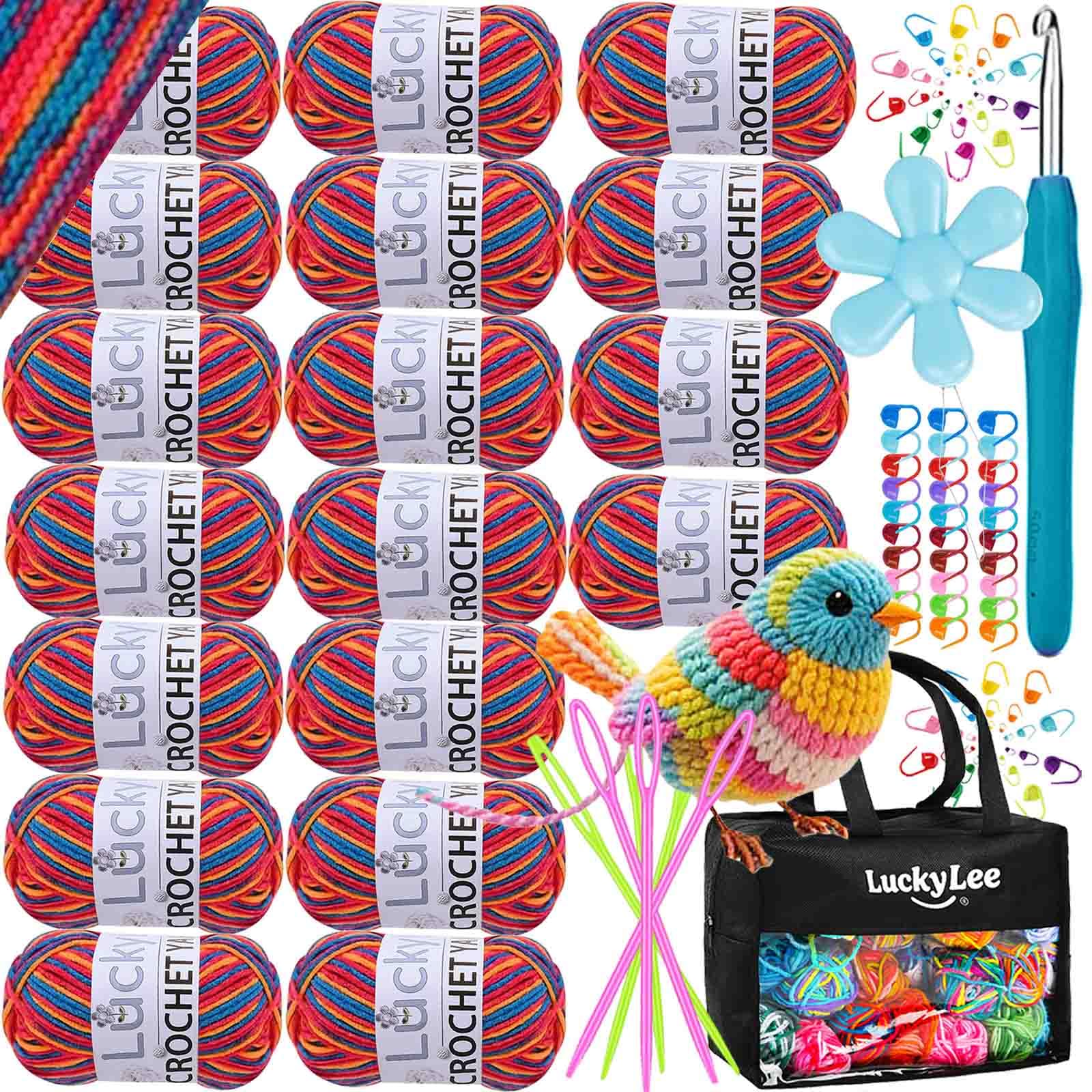 Crochet Yarn (18 * 25g), Acrylic Wool Double Knitting Wool, Crochet Wool with Carry Bag, Aluminum Crochet Hooks Stitch Markers, Ombre Color Yarn for DIY Craft Blankets Socks Dolls (02-Rainbow)