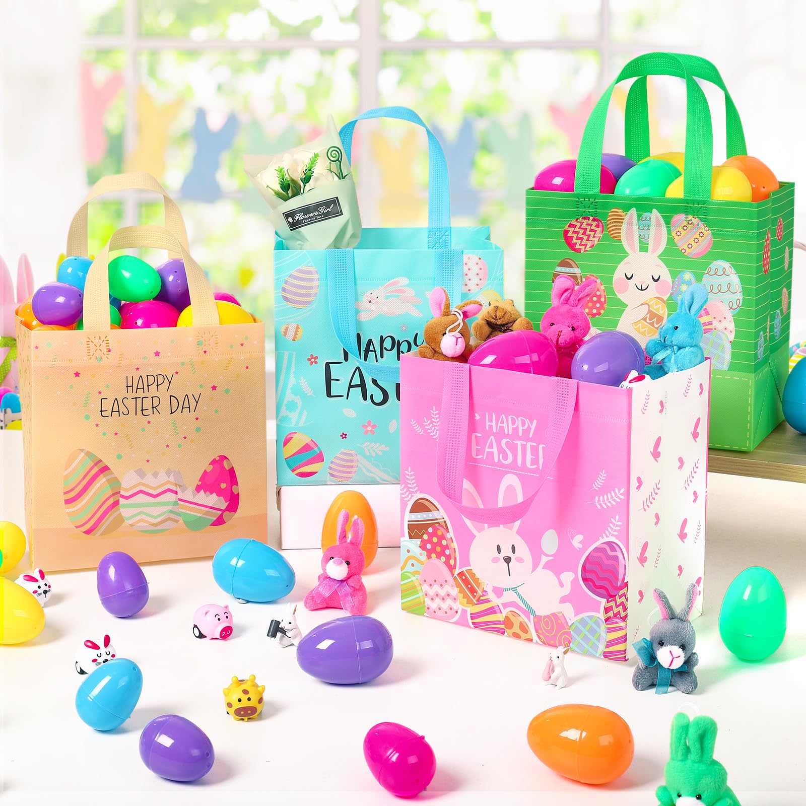 PERFQU 40 Pcs Happy Easter Gift Bags With Handles - Spring Bunny Plastic Tote Bags, Blue Reusable Snack Treat Goody Candy Bag - Easter Cute Rabbit Party Favor Bags For Kids