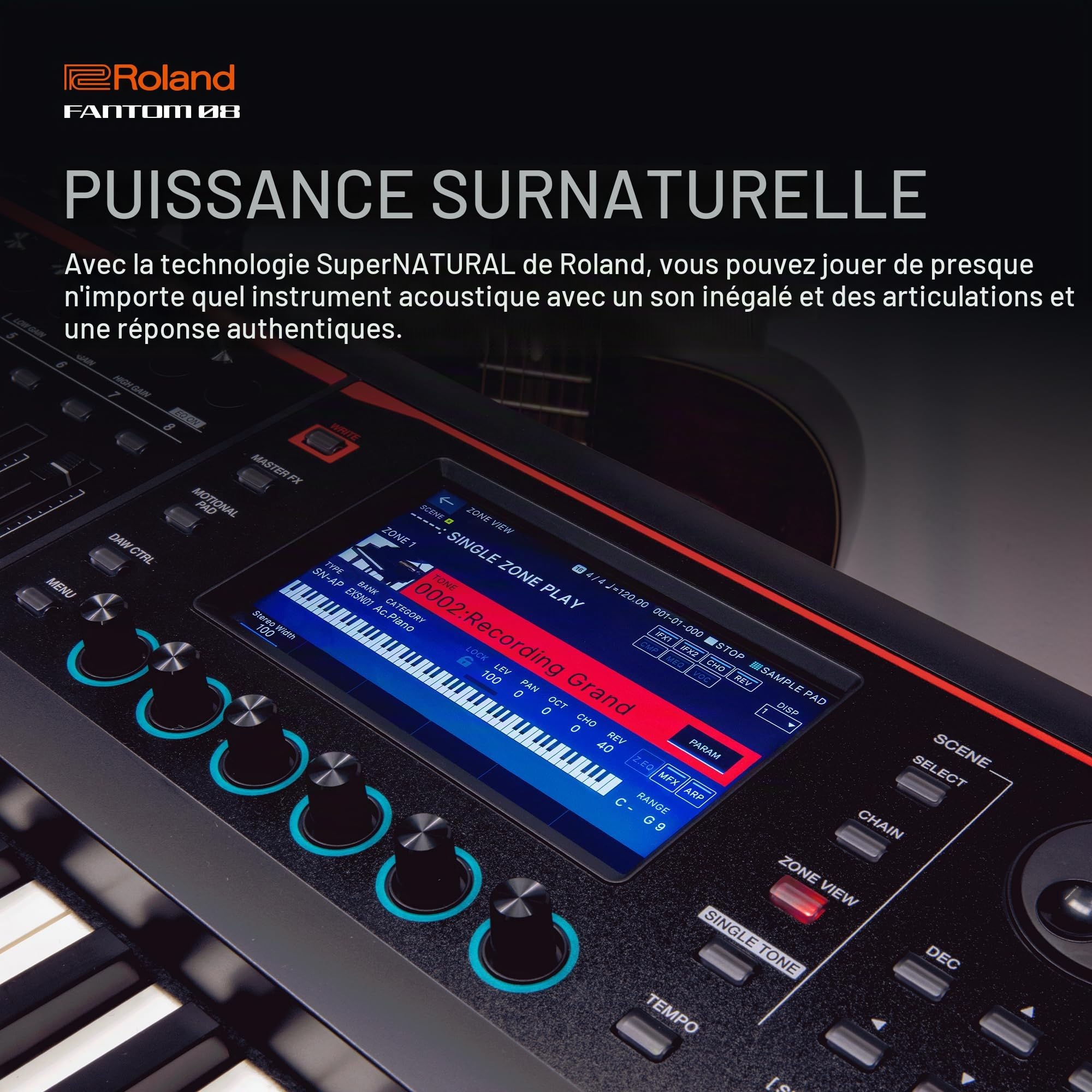 CLAVIER SYNTHÉTISEUR À TOUCHER LOURD FANTOM-08 Roland - Clavier à 88 touches lestées | Des milliers de sons Roland acoustiques et électroniques | Technologies ZEN-Core et SuperNATURAL