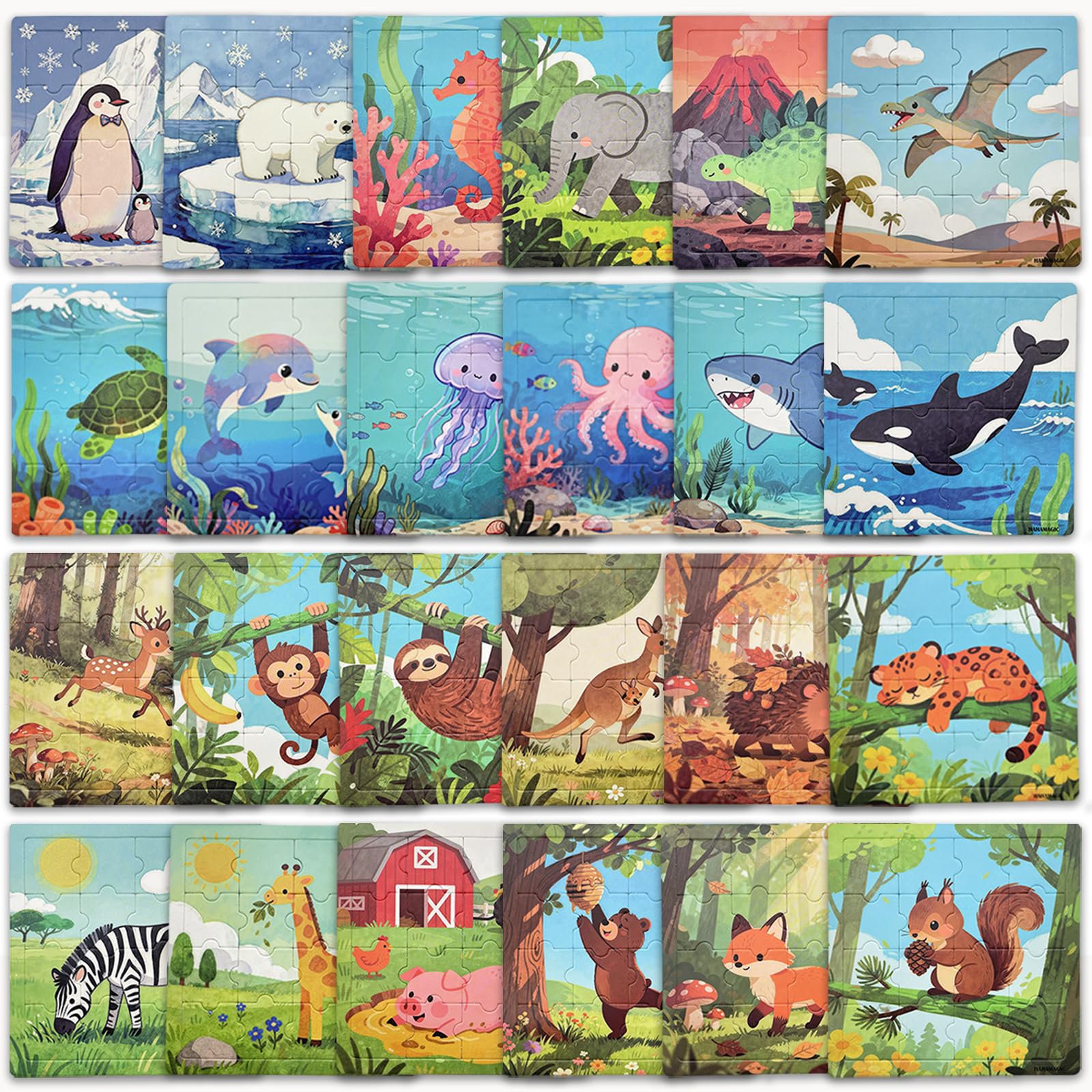 Puzzles para Niños, Pack de 24 Puzzles 16 Piezas con Base, Puzzle Animal Envuelto Individualmente Juguete Educativo para Regalos Fiesta Cumpleaños Premios Clase