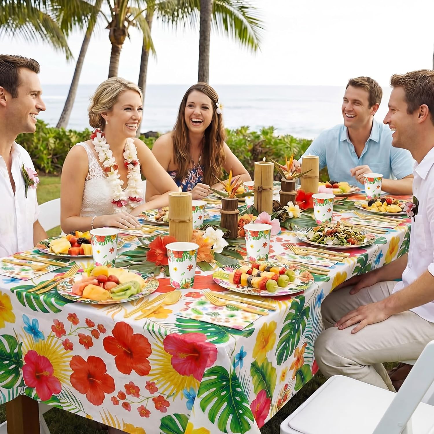 Vesici 452 Pcs Tropical Luau Party Supplies Set for 50 Guests Include 9'' 7'' Paper Plates 9 oz Cups Napkins Tablecloths Forks Spoons Straws for Aloha Hawaiian Hibiscus Flower Birthday Decorations