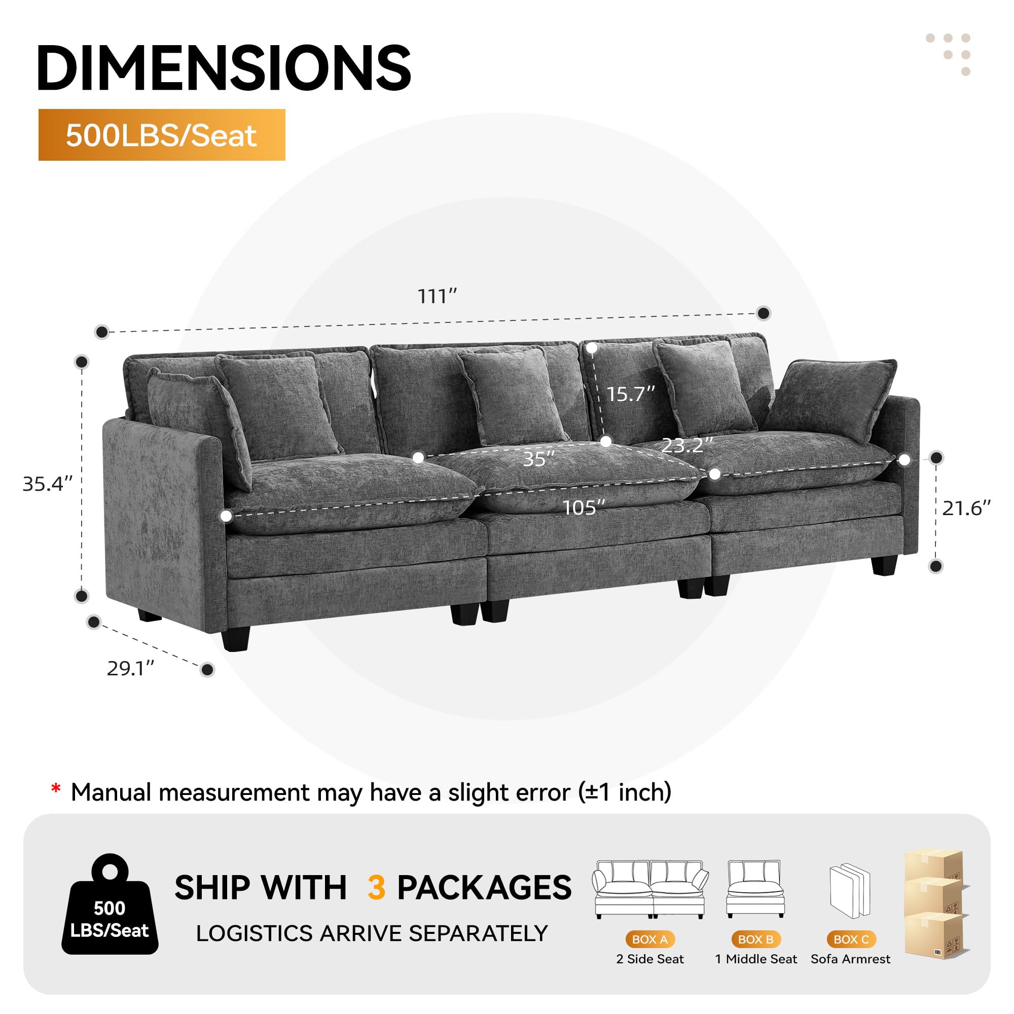 Condition photo showing New/Like New for 111'' sectional cloud deep seat couch, modern comfy chenille modular sectional sofa for living room set, upholstered modular 3-seats sofa couch, grey