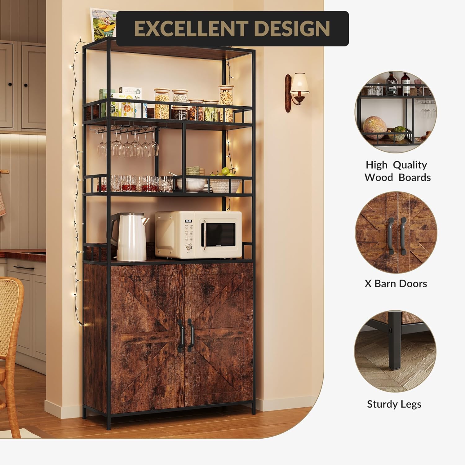 Bakers Rack with Storage, Farmhouse Freestanding Small Kitchen Pantry Hutch Tall Door Thickened Counter, Coffee Bar Storage Shelves