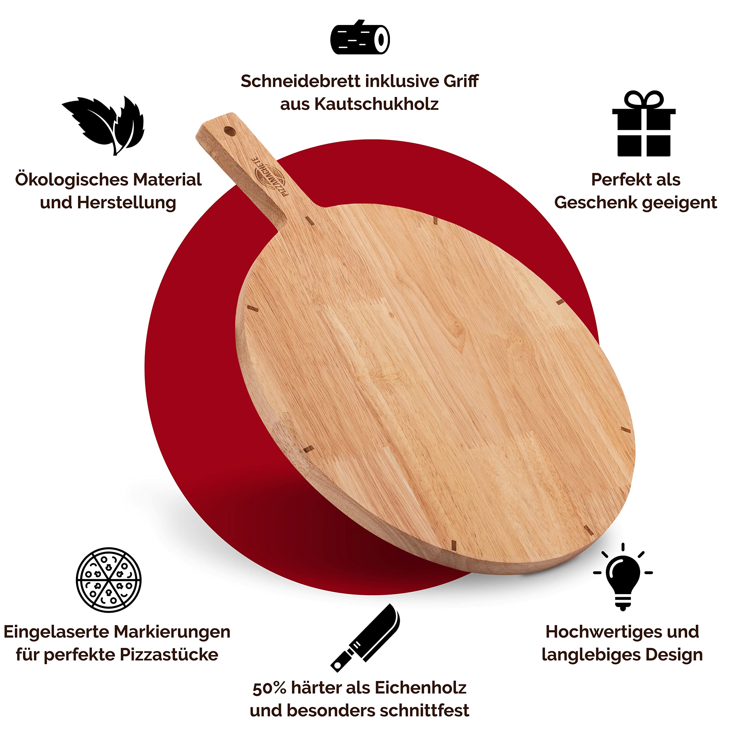 PIZZAMACHETE Pizzateller Holz, Pizzabrett aus Kautschukholz, Pizza-Zubehör zu Hause, Schneidebrett rund, Plate , Foccacia oder Brot, Holzbrett 30,5 cm, 2er Set