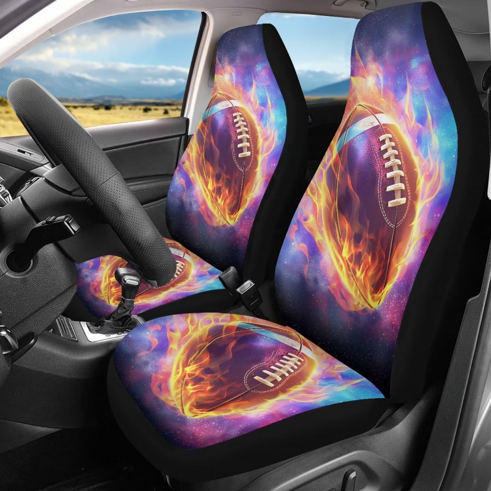 BIGCARJOB Sport Rugby Car Seat Cover Set of 2 Pcs Auto Front Seat Protector,Universal Car Interior Accessories Set Fire Soccer Print Car Bucket Seat Cover Saddle Blanket for Women Men