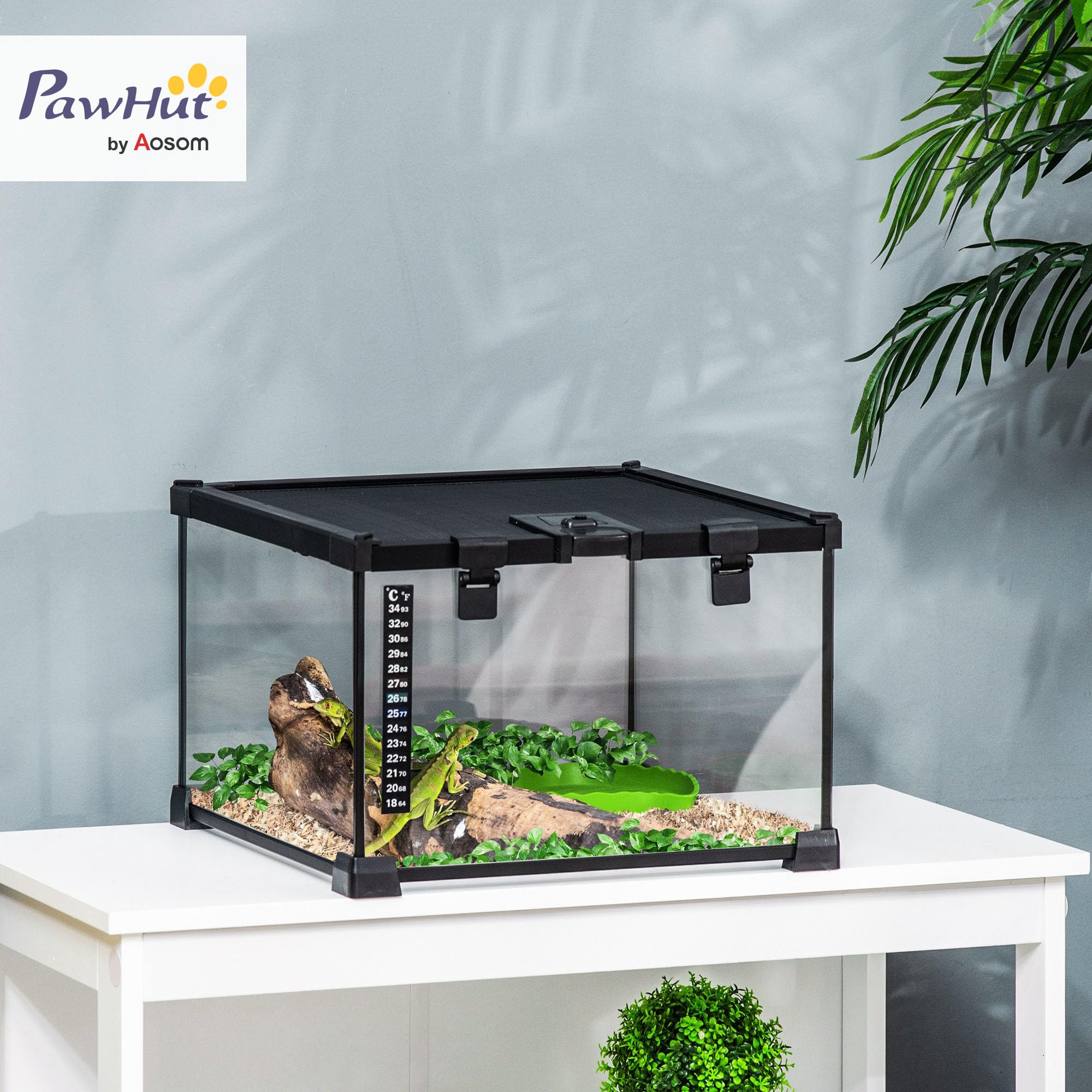 PawHut 30 x 30 x 20 cm szkło terrarium gad hodowla zbiornik wspinaczka zwierzę domowe szklane pojemniki łukowate pudełko z paskiem łata termometr do jaszczurek, rogatych żab, węży, pająków - czarny