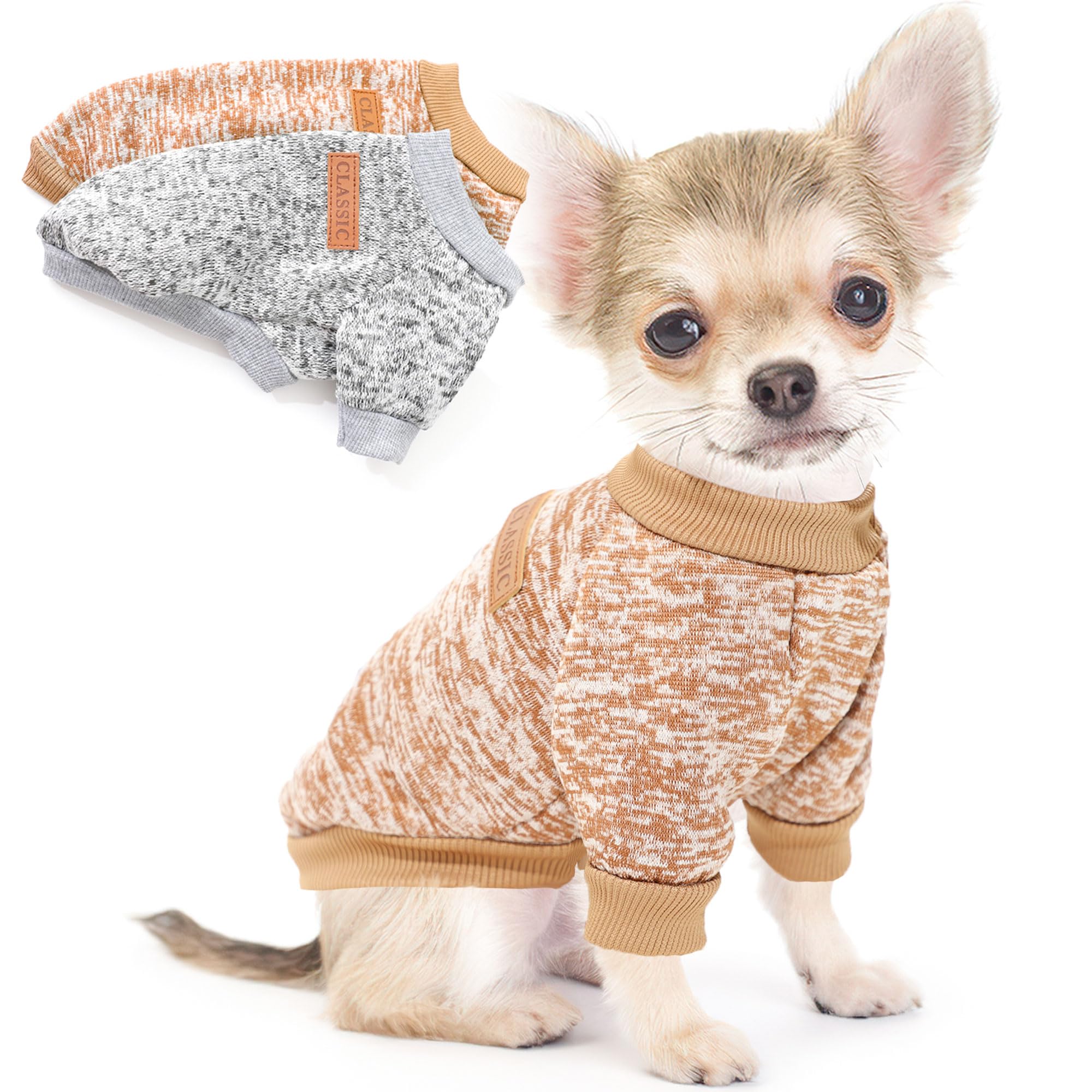 Photo 1 of 2 Pieces Dog Sweaters for Small Dogs Fleece Dog Clothes Puppy Sweaters Warm Pet Outfit for Yorkie, Chihuahua, Bulldog, Dachshund, Pug,M,Brown Gery