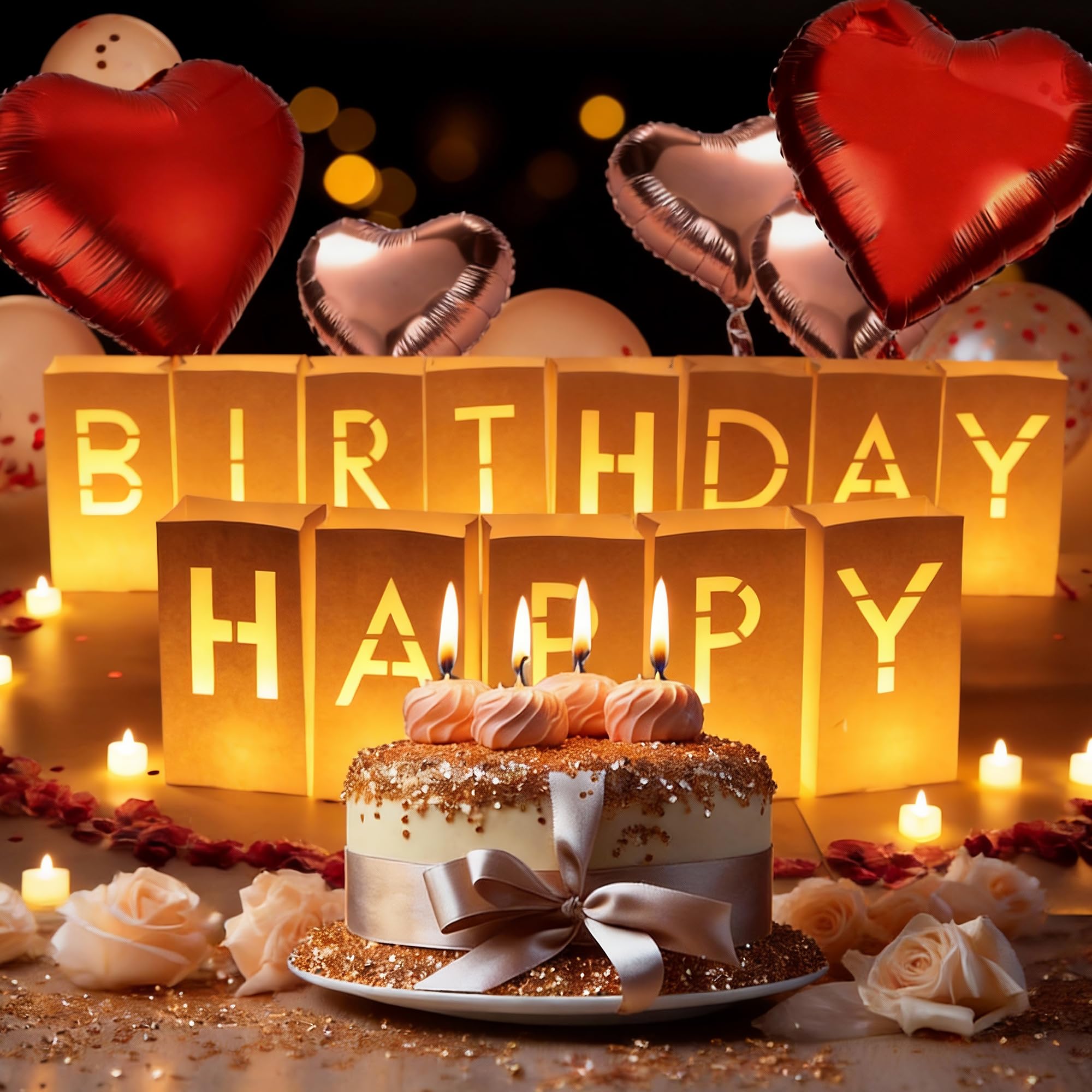 Bolsas luminosas con letras iluminadas de feliz cumpleaños con velas de té, globos de látex, globos de aluminio y pétalos de rosa, regalos sorpresa, decoración de cumpleaños para mujeres