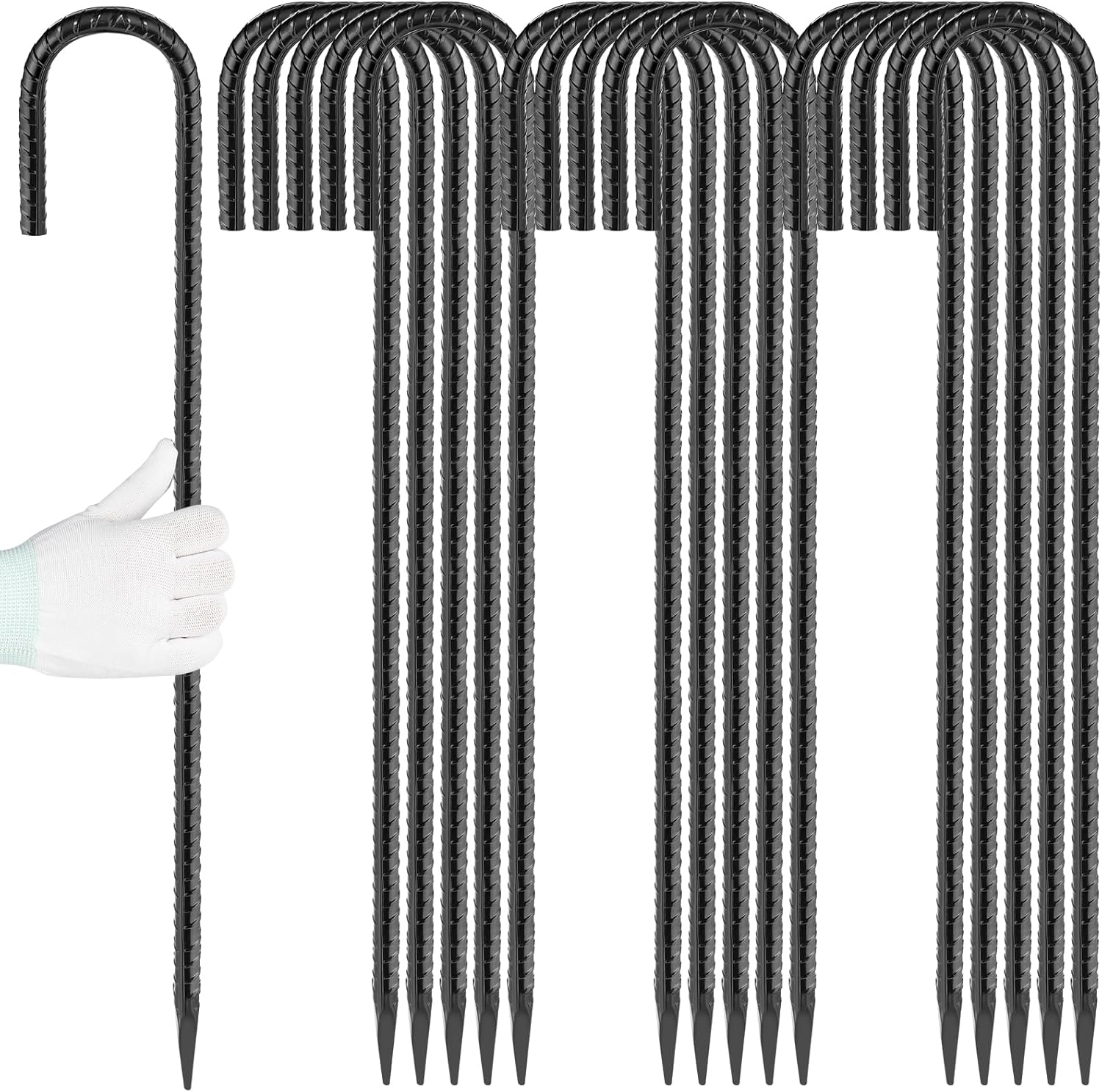 24 inches J Hook Rebar Stakes (16-Pack), Extra Long Garden Stakes with Chisel Point End Steel Rebar Ground Stakes for Tent Chain Link Fence and Outdoor Decorations Black Coated