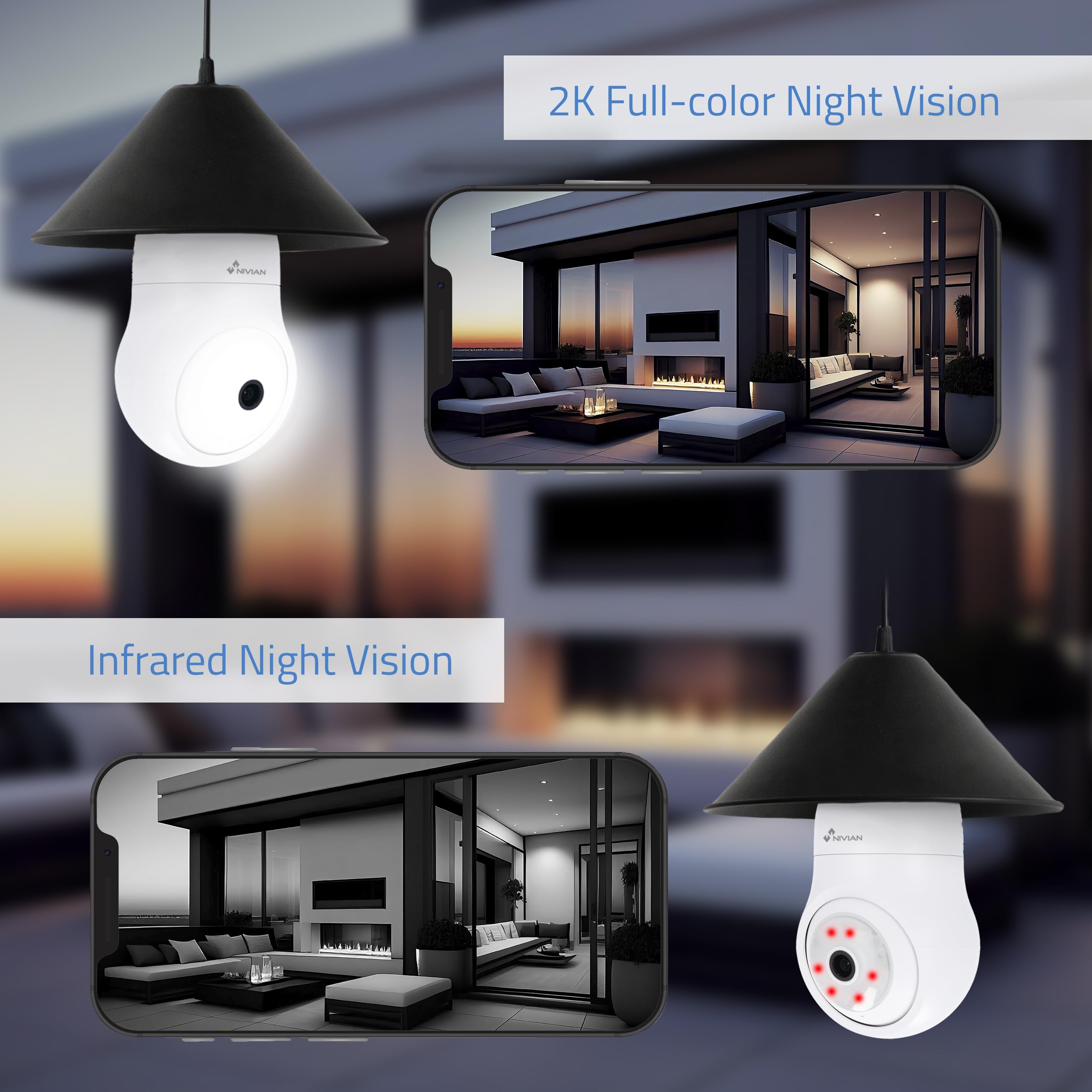 NIVIAN Kamera monitorująca WiFi Typ żarówki 2K o ruchu 360° z dźwiękiem, rozpoznawaniem i śledzeniem człowieka - noktowizor, kompatybilna z Alexą, Google Home, Tuya App (zestaw 2 kamer WiFi)