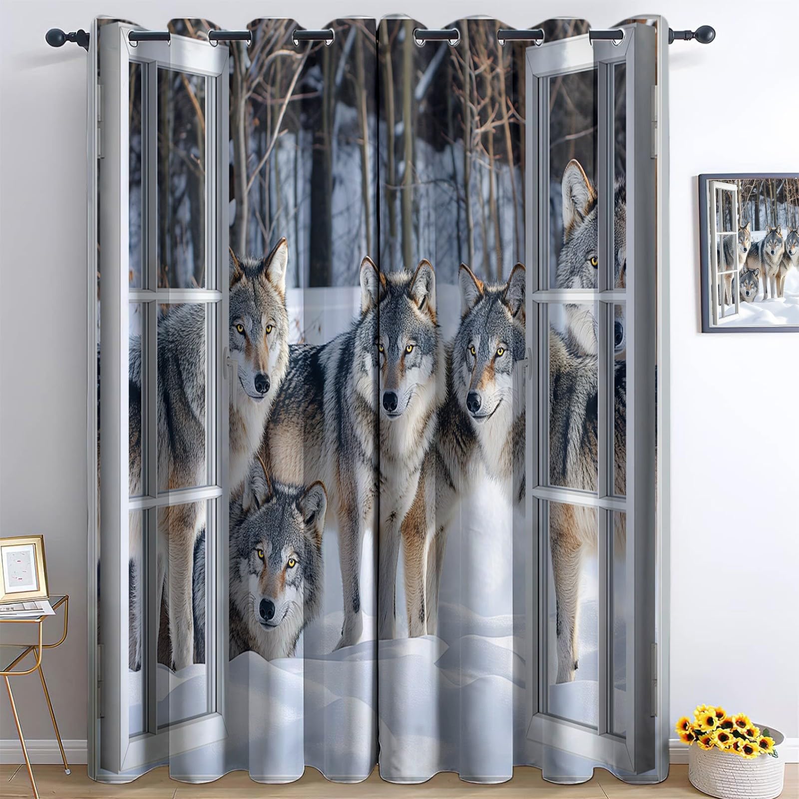 Rideau Occultant Lot de 2 Thermique Isolant Anti Froid Chaleur Fenêtre 3D Animaux Neige Opaque Œillets Blanc Gris 85x200 cm