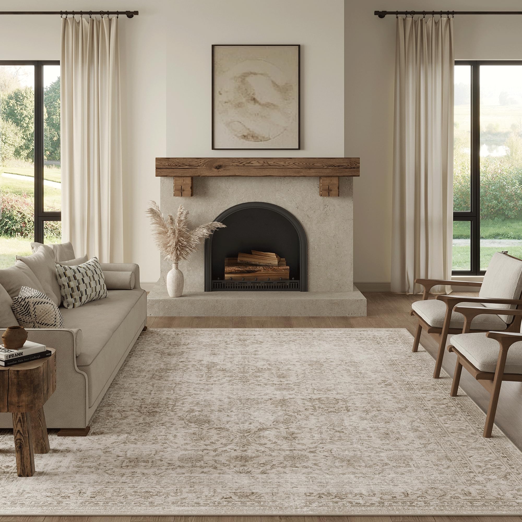 Beauoop Washable Area Rug Beige Vintage Neutral Distressed 240x300 cm Large Non Slip Carpet for Living Room Bedroom Soft Low Pile Indoor Mat Retro Throw Rug for Dining Room Kitchen Office Nursery