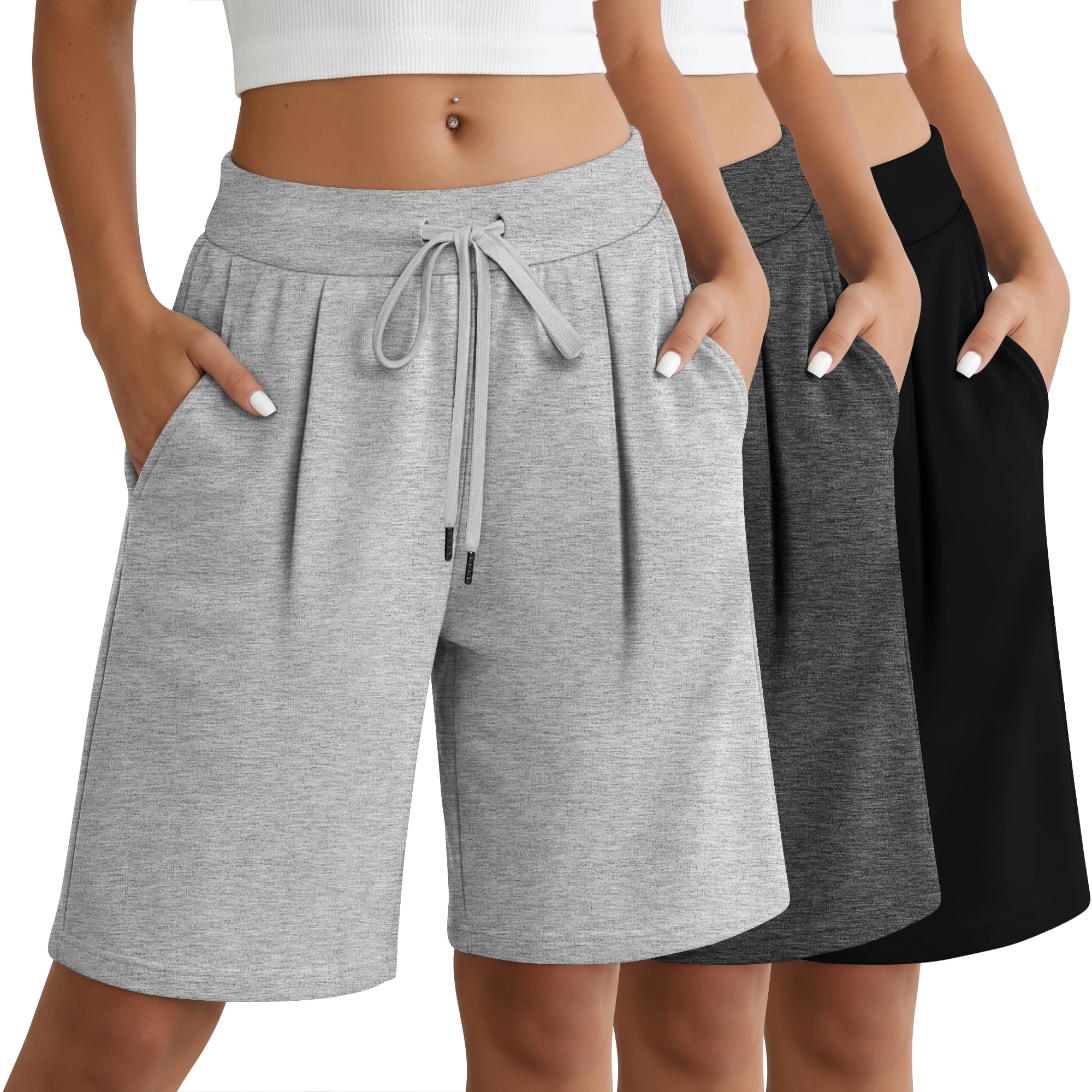 Photo 1 of Locoowai 3 Pack Women's Bermuda Shorts Drawstring Casual Lounge Elastic Waist Athletic Yoga Running Shorts with Pockets(Black, Heather Gray, Light Gray,Large)