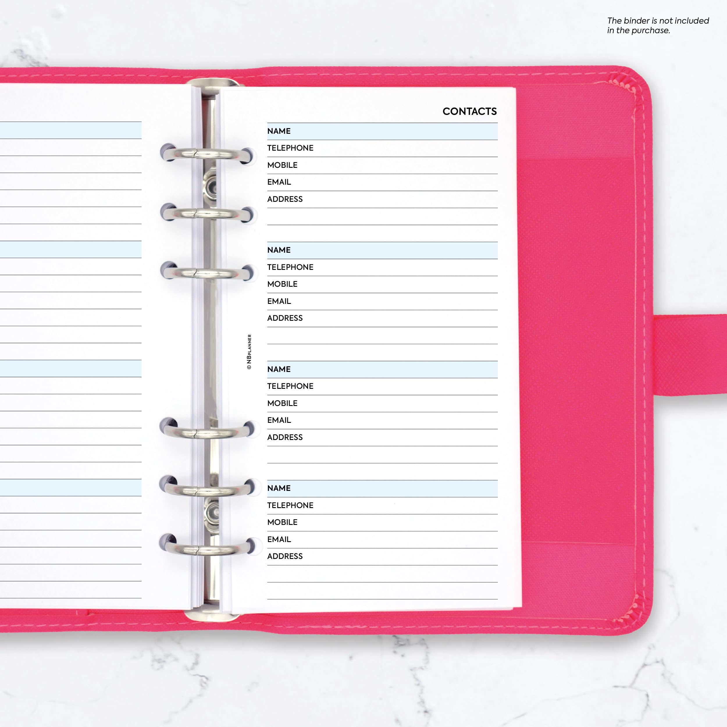 Personal size Contacts notepaper name, email, address organiser refill planner insert, navy blue, light blue - Image 3