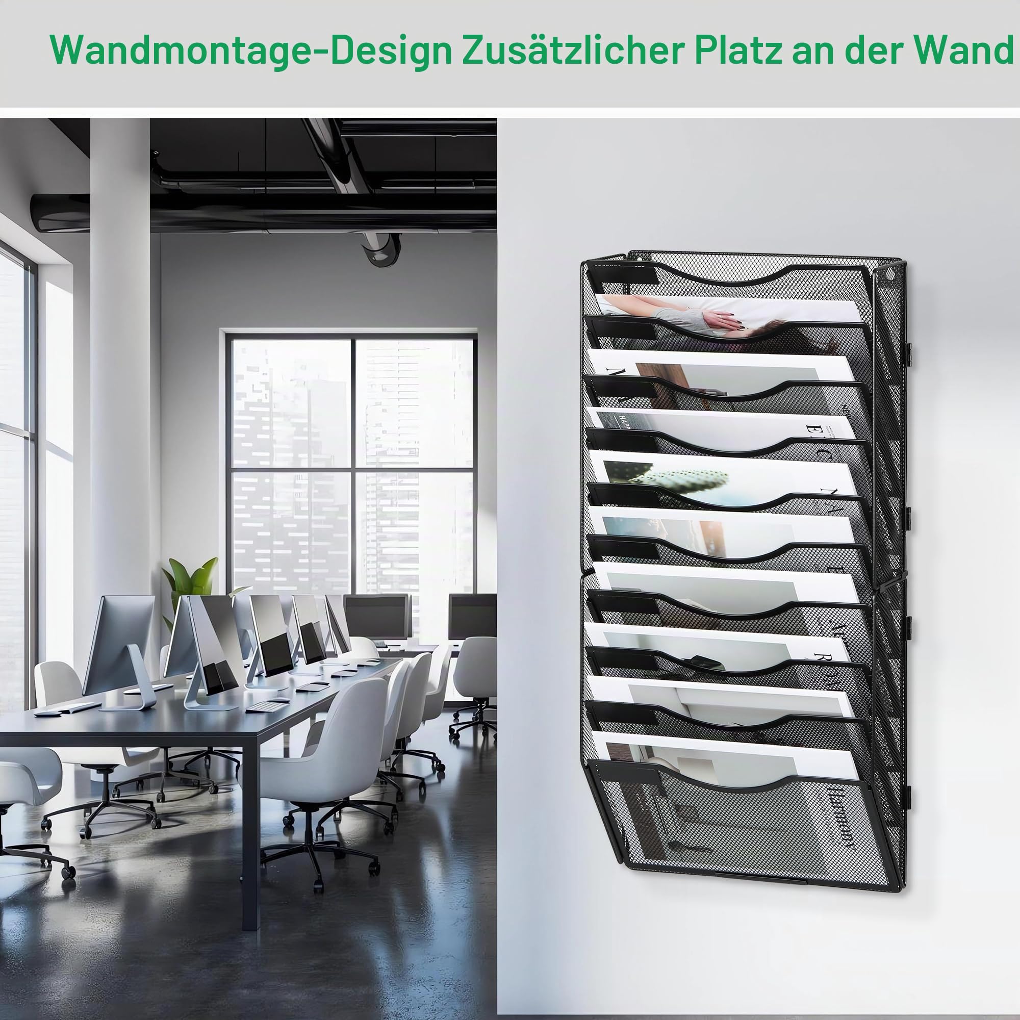 TQVAI Dokumenten Organizer 10 Fächer Metall Zeitschriftenhalter Wand A4 Papier Flyerhalter Postsortierer Dokumentenablage für Büro Zuhause Schule, Schwarz
