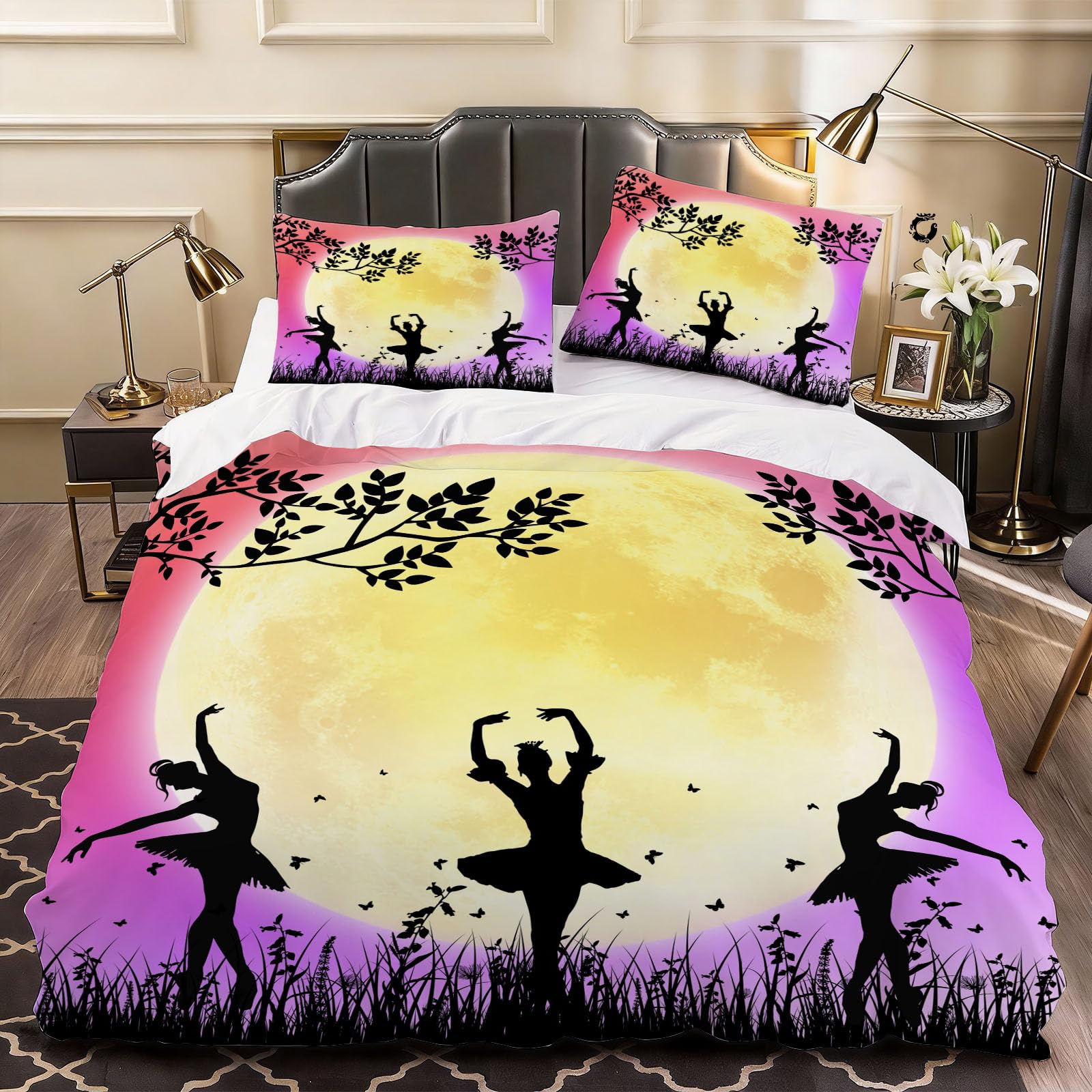 3D Ballet Dancer Duvet Cover Moon Bedding Super King Bed Set, Soft Microfiber Comforter Cover Printed with Zipper Closure Quilt Coverr 260x220 cm and 2 Pillowcases