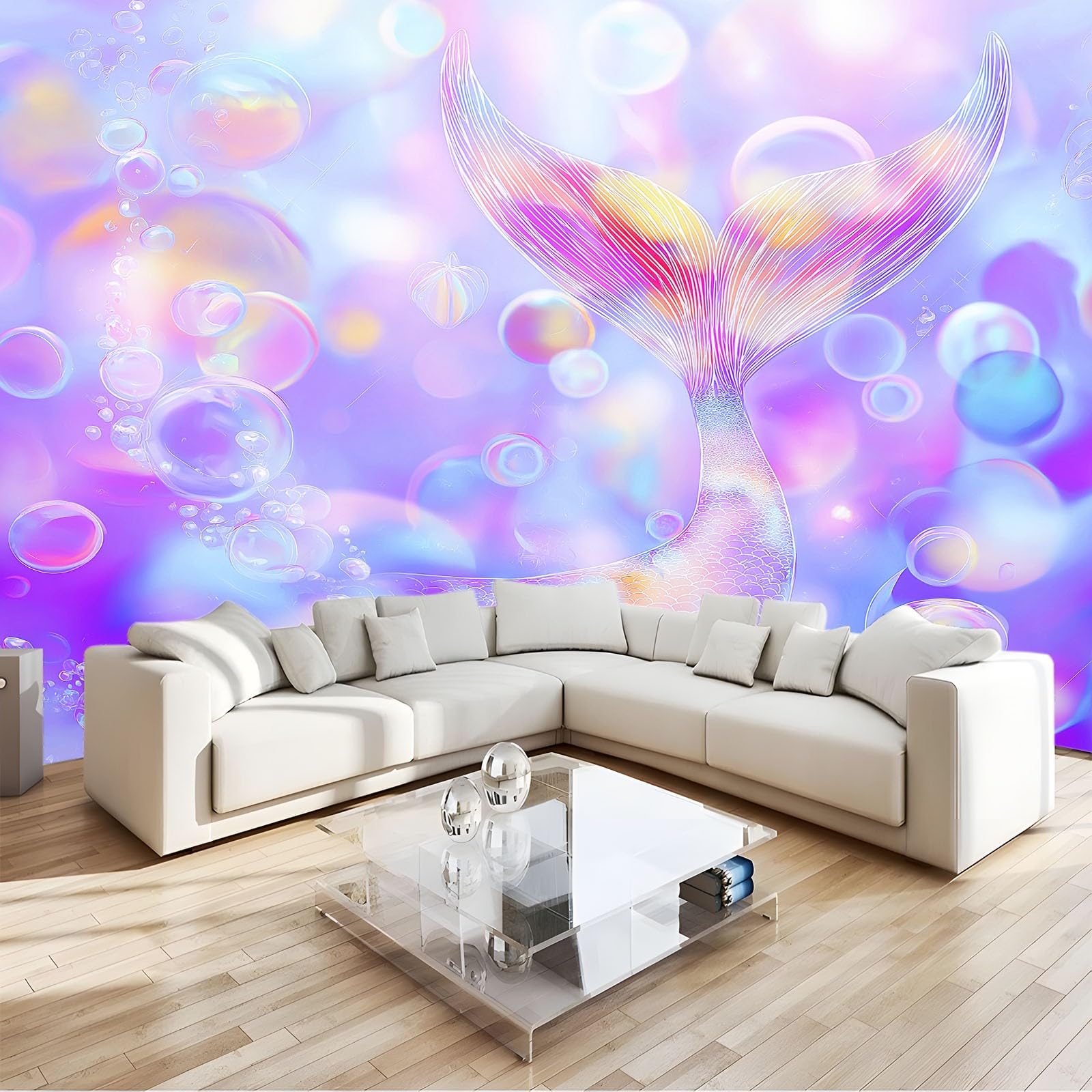 Panoramiczna tapeta 3D 250 x 175 cm fantazyjne zwierzęta syrenka bąbelki tapeta z włókniny, plakat ścienny do salonu, dekoracji pokoju dziecięcego, łatwy montaż, fioletowy
