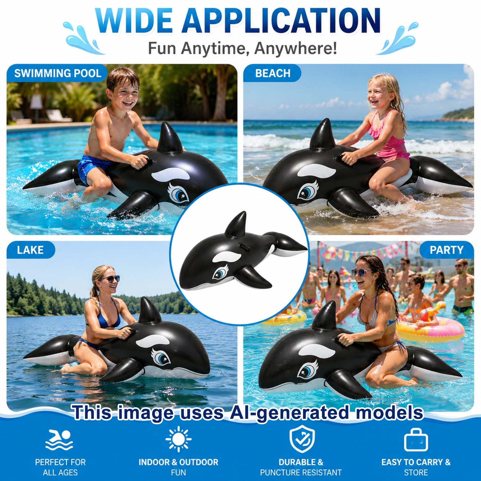 Gran Flotador Inflable de Orca con Asas reforzadas, PVC Robusto para Adultos y niños, Piscina Playa Lago Parque acuático