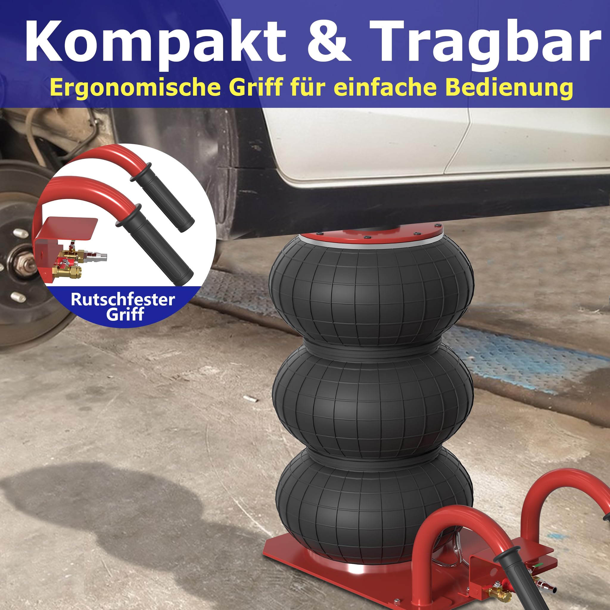 YRHome 3T/6600Lbs Pneumatischer Wagenheber mit Griff Druckluftwagenheber Luftkissen Rangierwagenheber Hebebühne Luftheber Druck Luft für Rangierwagenheber KFZ