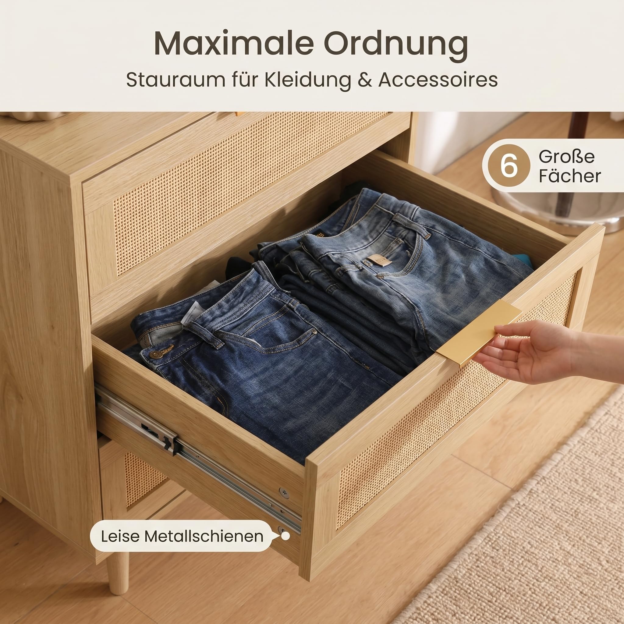 GRAVFORCE Rattan Kommode mit 6 Schubladen Sideboard mit Großer Kapazität