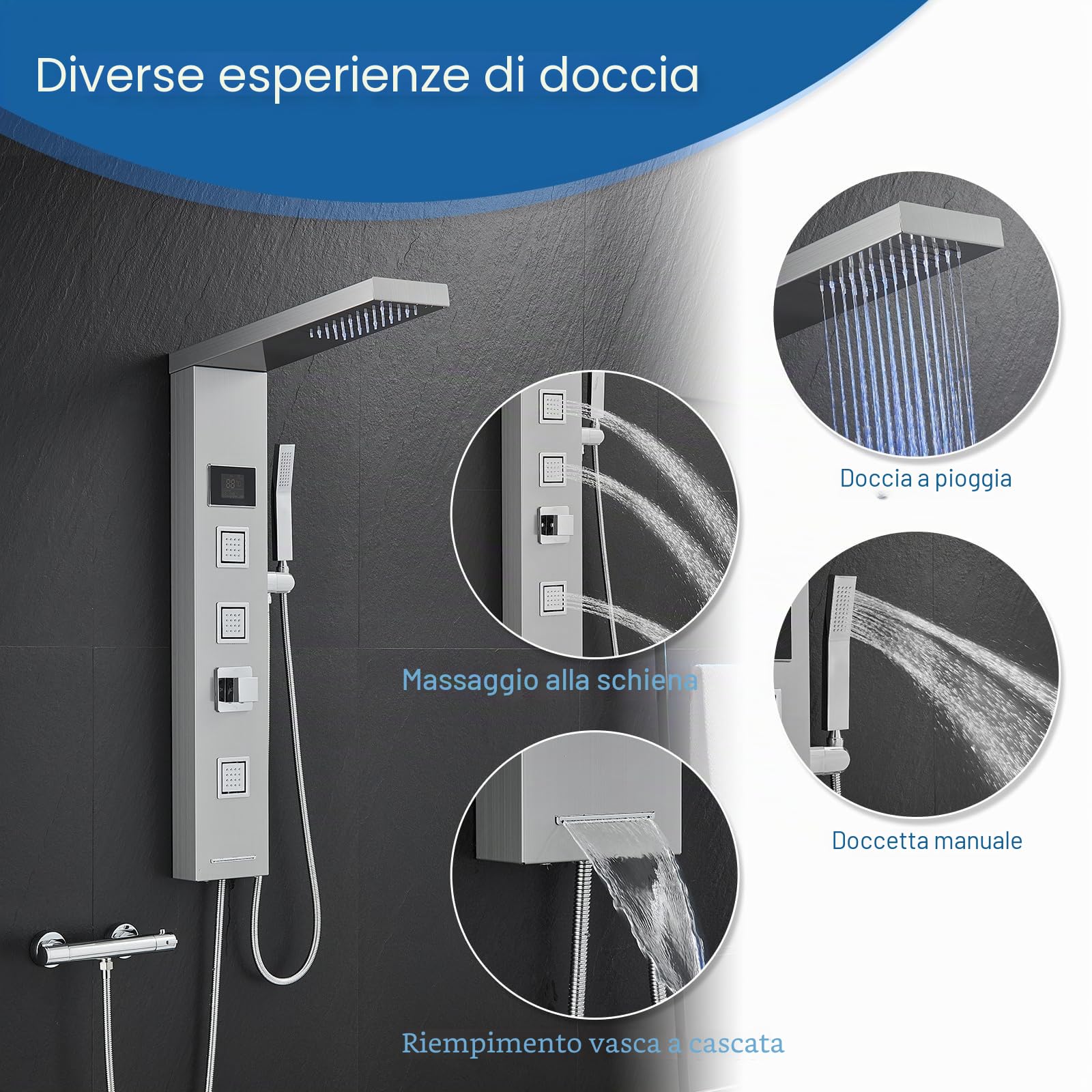 Pannello doccia a LED senza rubinetto, pannello doccia a 4 funzioni, con doccia a pioggia, 3 getti massaggianti, doccetta e beccuccio per vasca da bagno, colonna doccia in acciaio inox 304