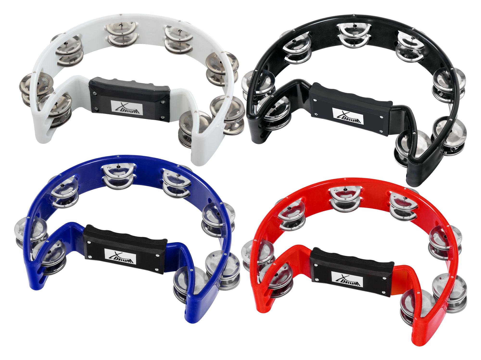 4er Set XDrum Hand Tambourin Halbmond Form Multicolor (Tambourine, 16 Paar verchromte Stahl-Schellen, Kunststoff) schwarz, rot, blau, weiß