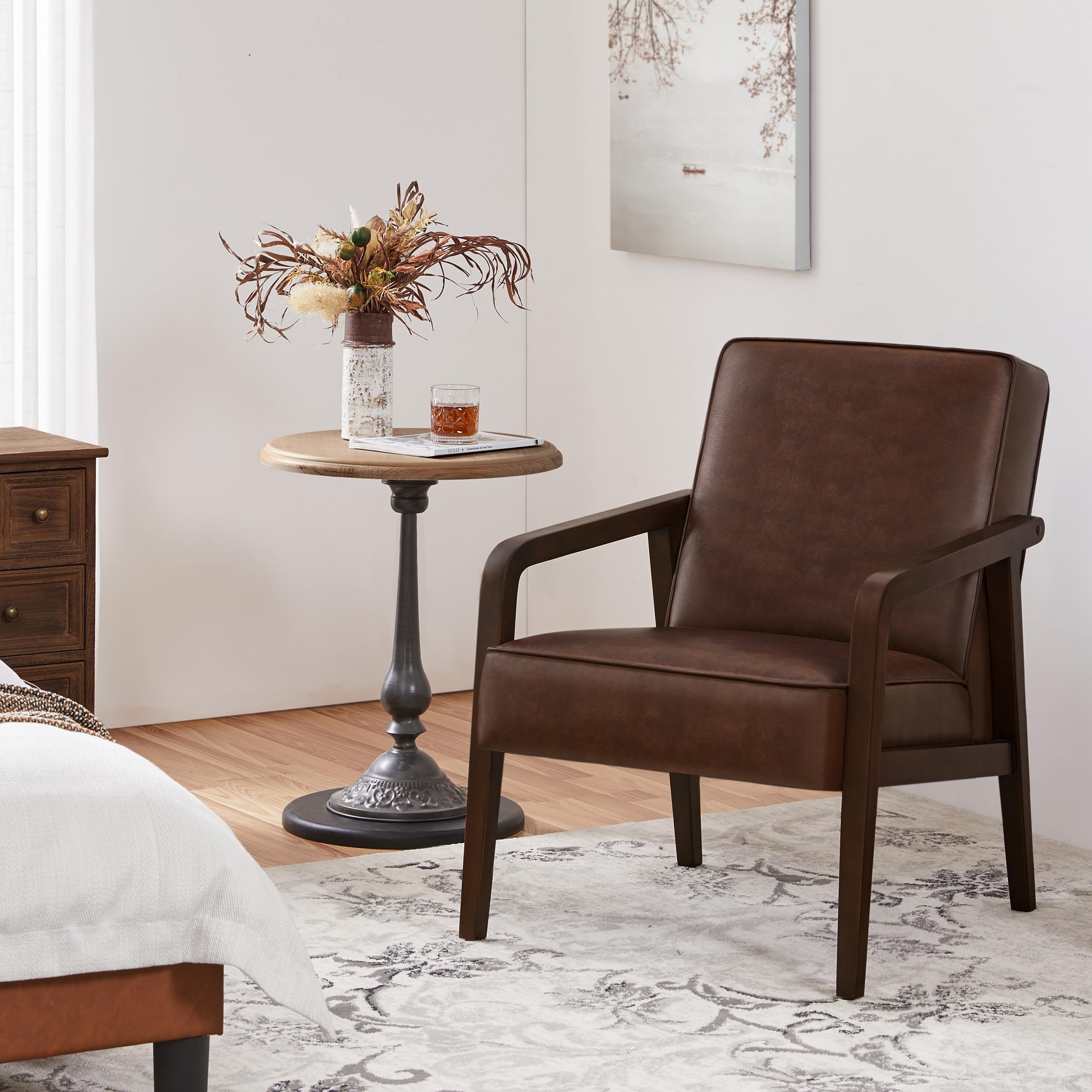 Poltrona Classica Ecopelle PU da Salotto Studio Poltrocina Imbottita Struttura in Legno Molle in Acciaio Sedia Moderna con Braccioli Schienale Piedini Regolabili per Lavoro Bar Marrone Scuro