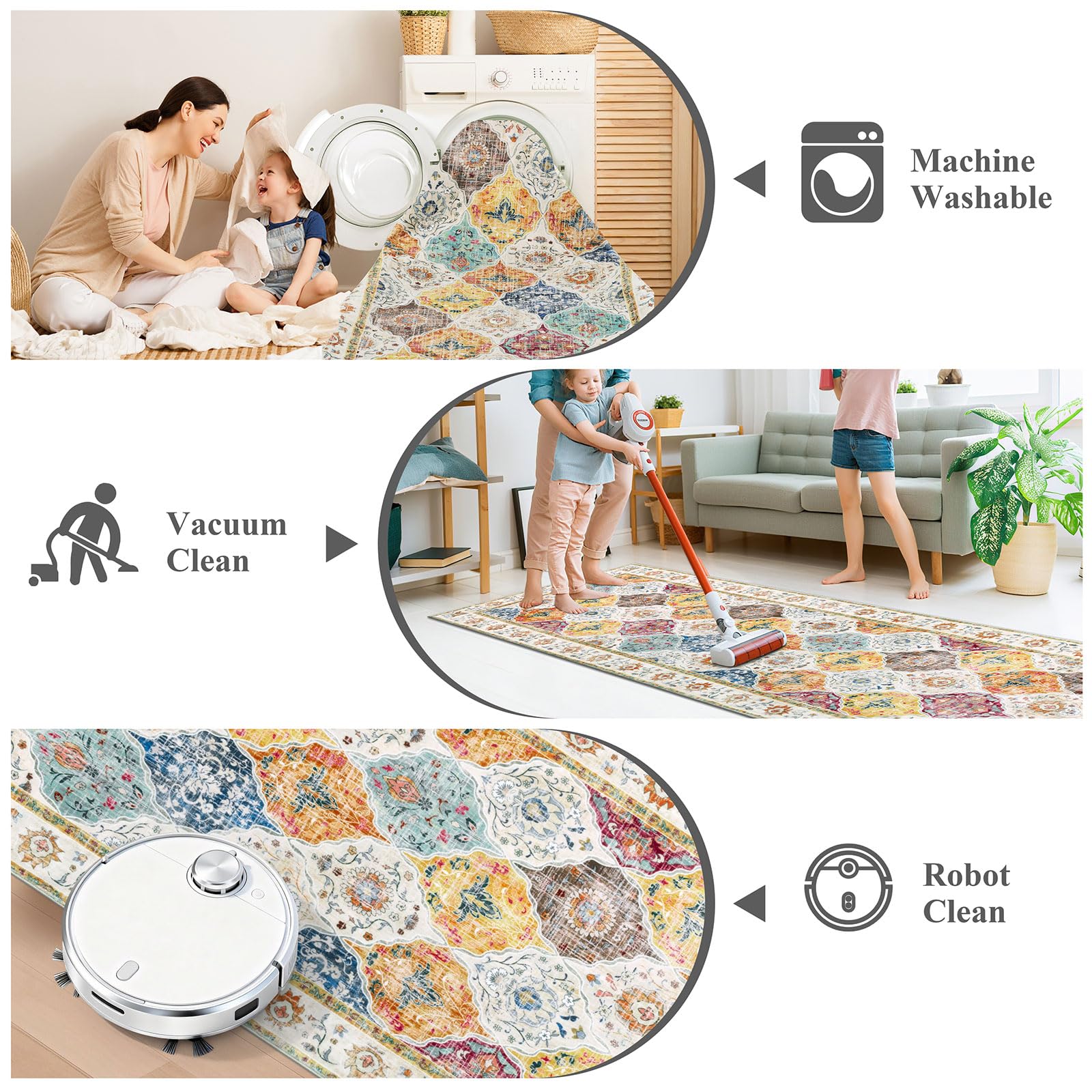 SHACOS Alfombra de Pasillo Larga 60x240cm Alfombra Corredor Antideslizante Estilo Bohemio Alfombras de Área Lavable Suave Geométrica para Pasillo, Salon, Dormitorio, Cocina, Lavandería