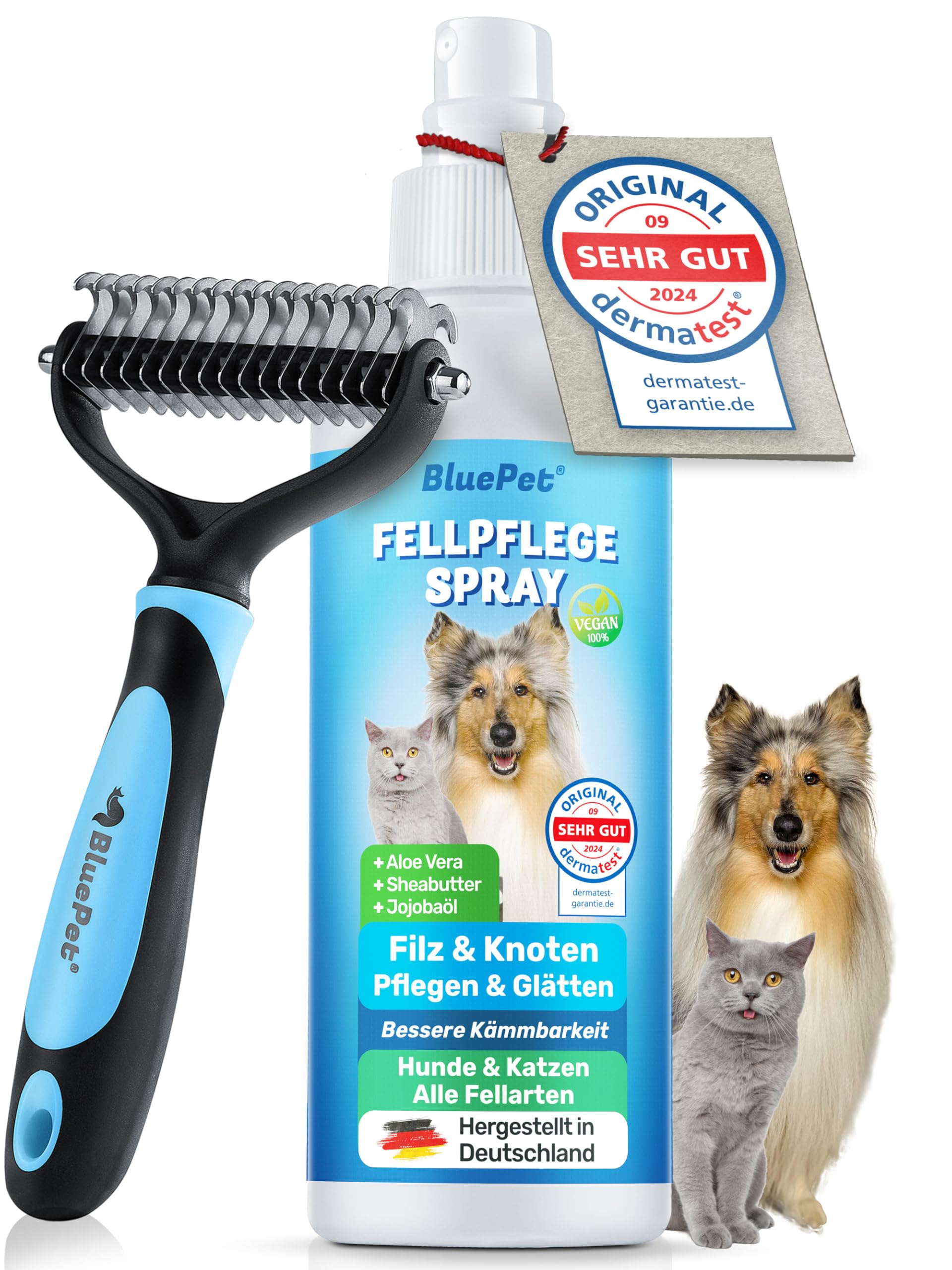 BluePet Bürste + Entfilzungsspray für Hunde & Katzen I Löst Verfilzungen & Verbessert Kämmbarkeit, Anti Filz Spray als Fellspray für Fellpflege, Glätten & Pflegen mit Aloe Vera, Shea-Butter & Jojobaöl