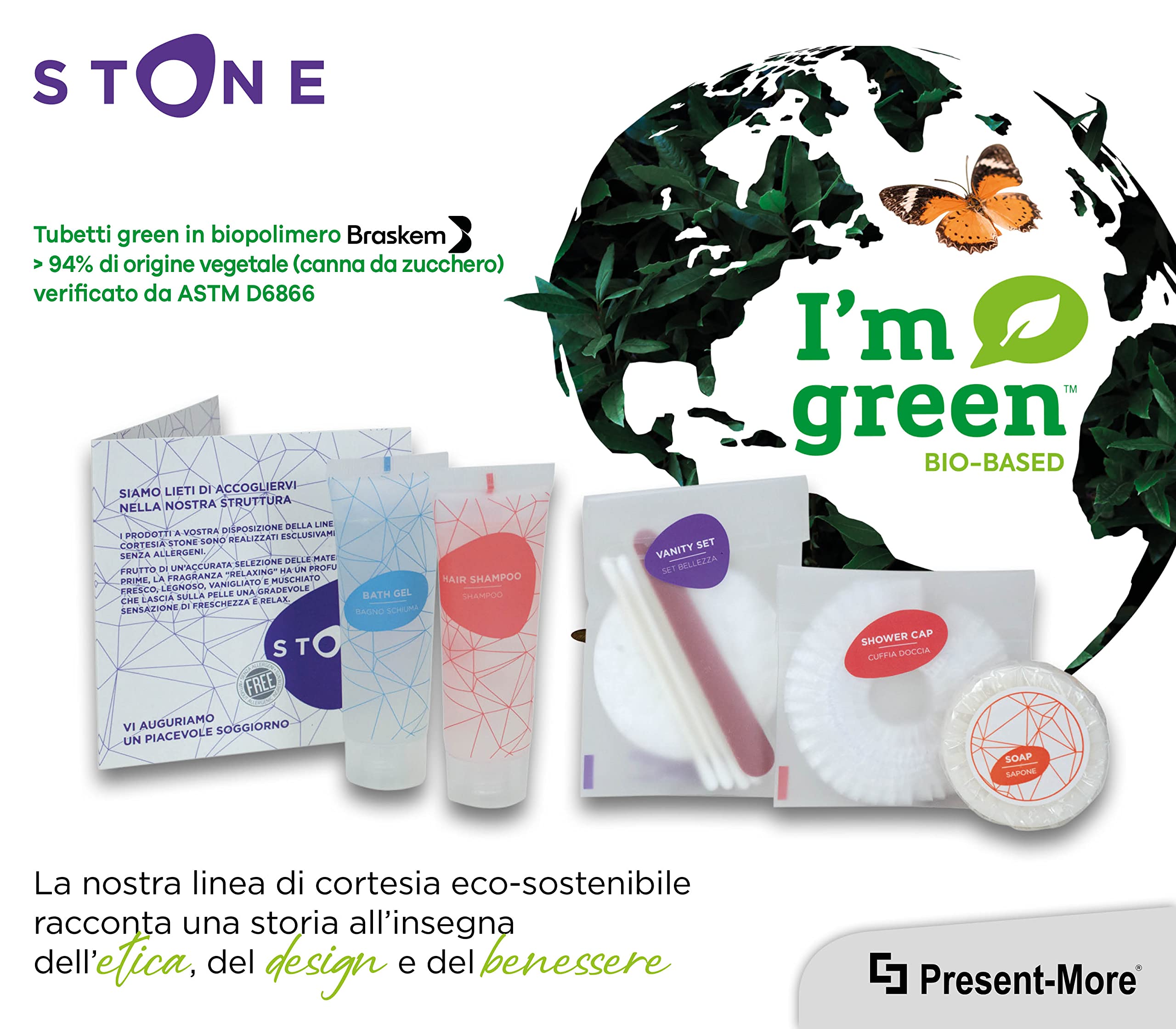 Present-More Amenities Kit Stone - Toilettenartikel 50 Gäste für Hotels und B&B | Allergenfreie Amenities Kit mit Duftnote Relaxing