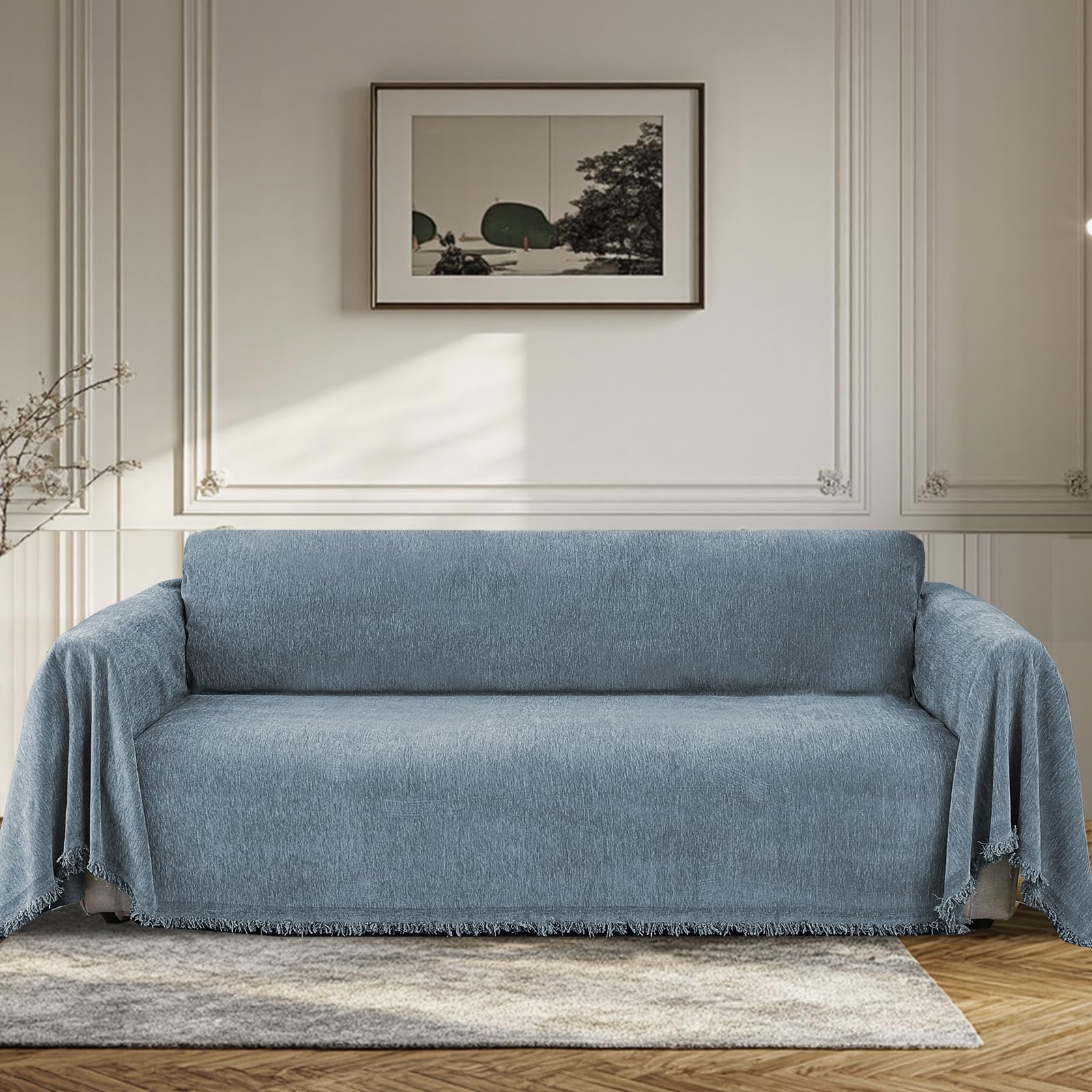 Bellahills Stone Blue Sofa Cover 3 Seater Chenille Sofa Covers 2 Seater Armchair Covers L Shape Sofa Slipcover Non-Slip Couch Covers With Tassel Sofa Protector From Dogs, 180X300cm,