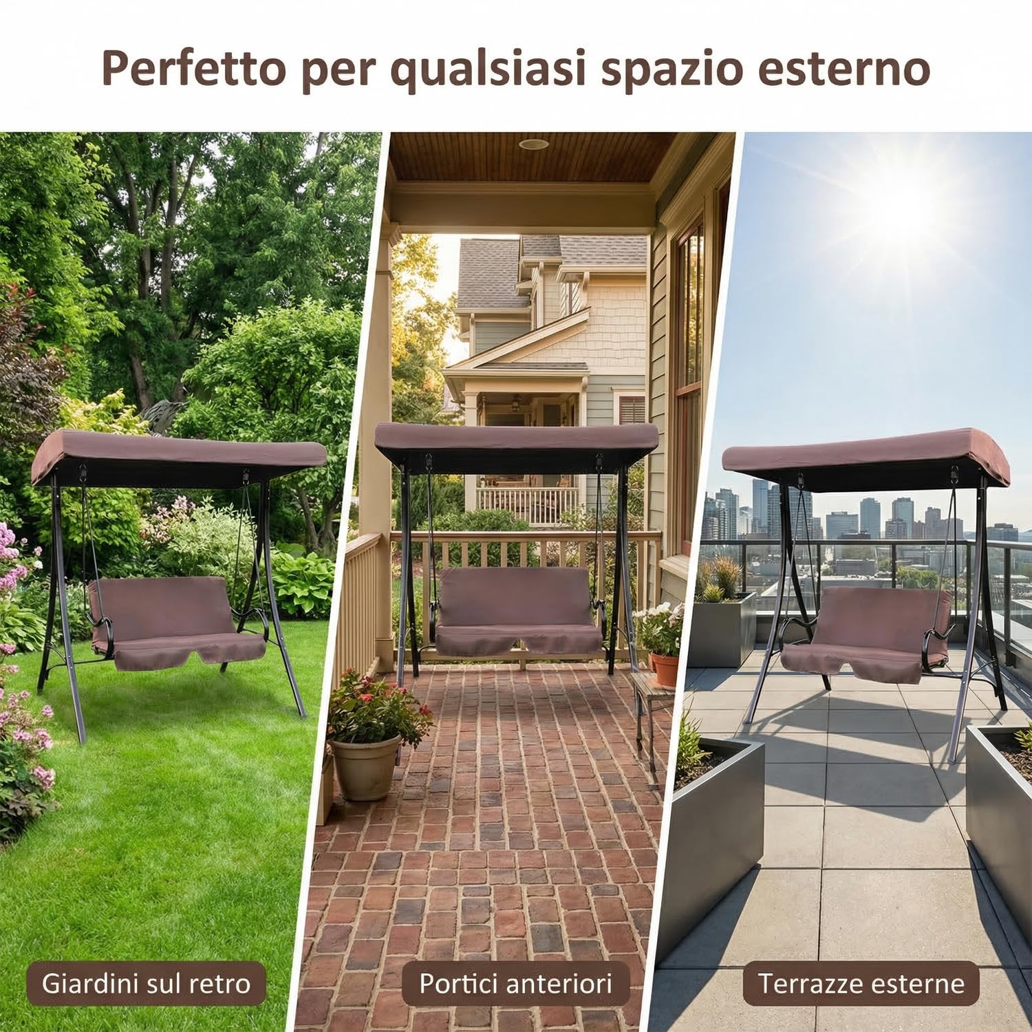 Marvin Dondolo da Giardino 2 Posti con Tetto Parasole Altalena da Esterno con Cuscino Imbottito Struttura in Acciaio Robusta Seduta Relax per Terrazzo Patio Balcone (Moka)