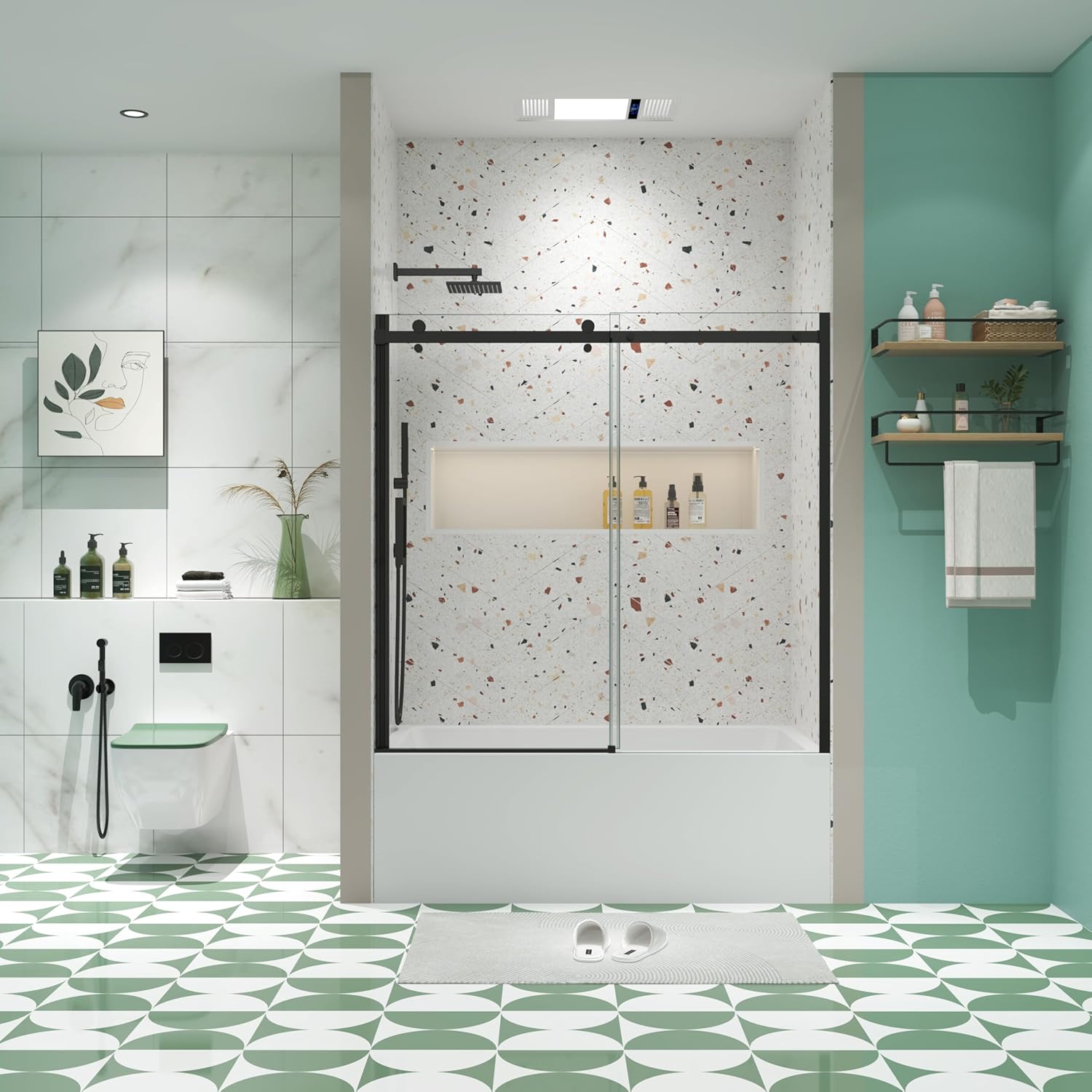 Bathtub Shower Door, Glass, Matte Black, Sliding, Modern, 56-60" W x 58" H, Easy Install, 105 Pounds