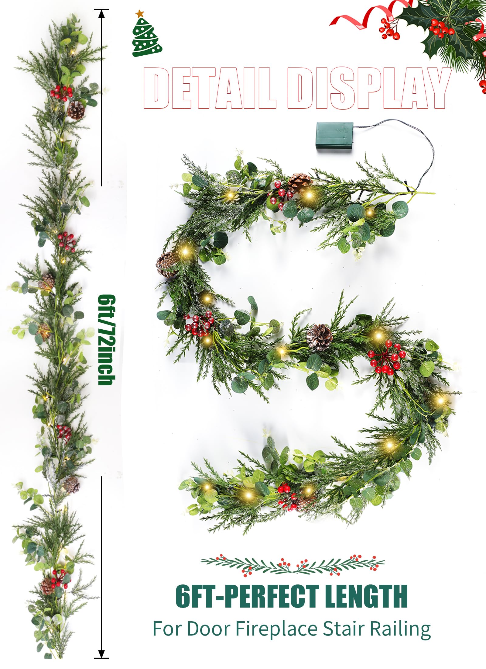 Brightown Guirnalda de Navidad con luces, luces LED de Navidad de 6 pies que funcionan con pilas con conos de pino, bayas, hojas de eucalipto, decoraciones de Navidad interiores para escaleras, puerta