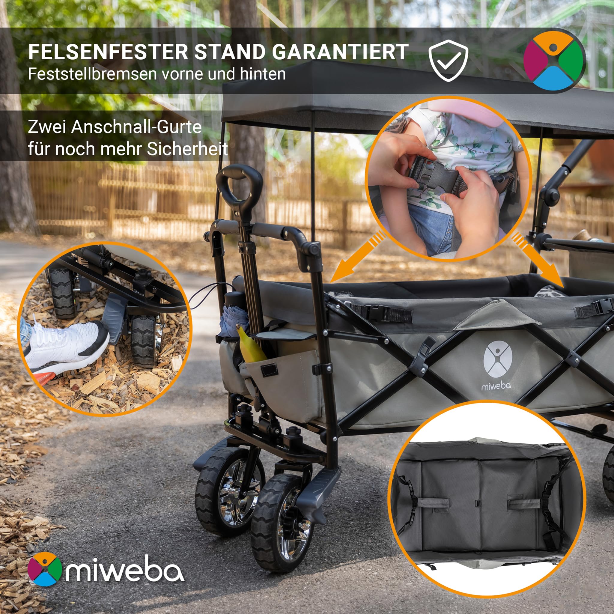 Miweba Faltbarer Bollerwagen MB-20 | Sonnendach UV-beständig - 2X Anschnallgurte - Transportwagen für Kinder - Traglast 100 Kg - Wagen - Feststellbremse - Hartgummireifen (Grau)