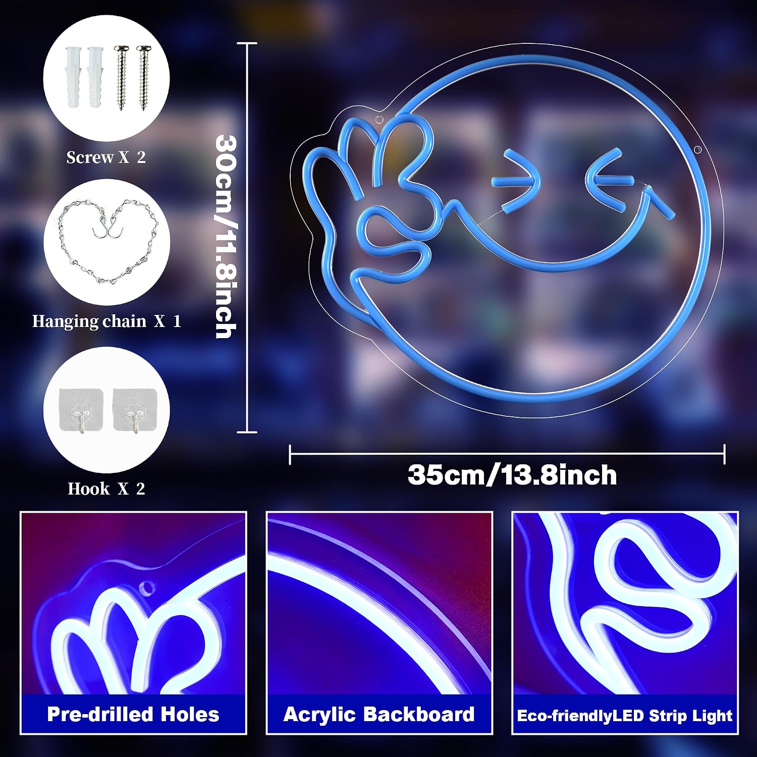 Smile Face Neon Sign Blue, Emoji Smile OK Neon Light for Wall Decor, USB Powered, Dimmable Happy Face Led Neon Sign for Kids Room, Class Room, Home Decor, Party, Christmas, Birthday Gift