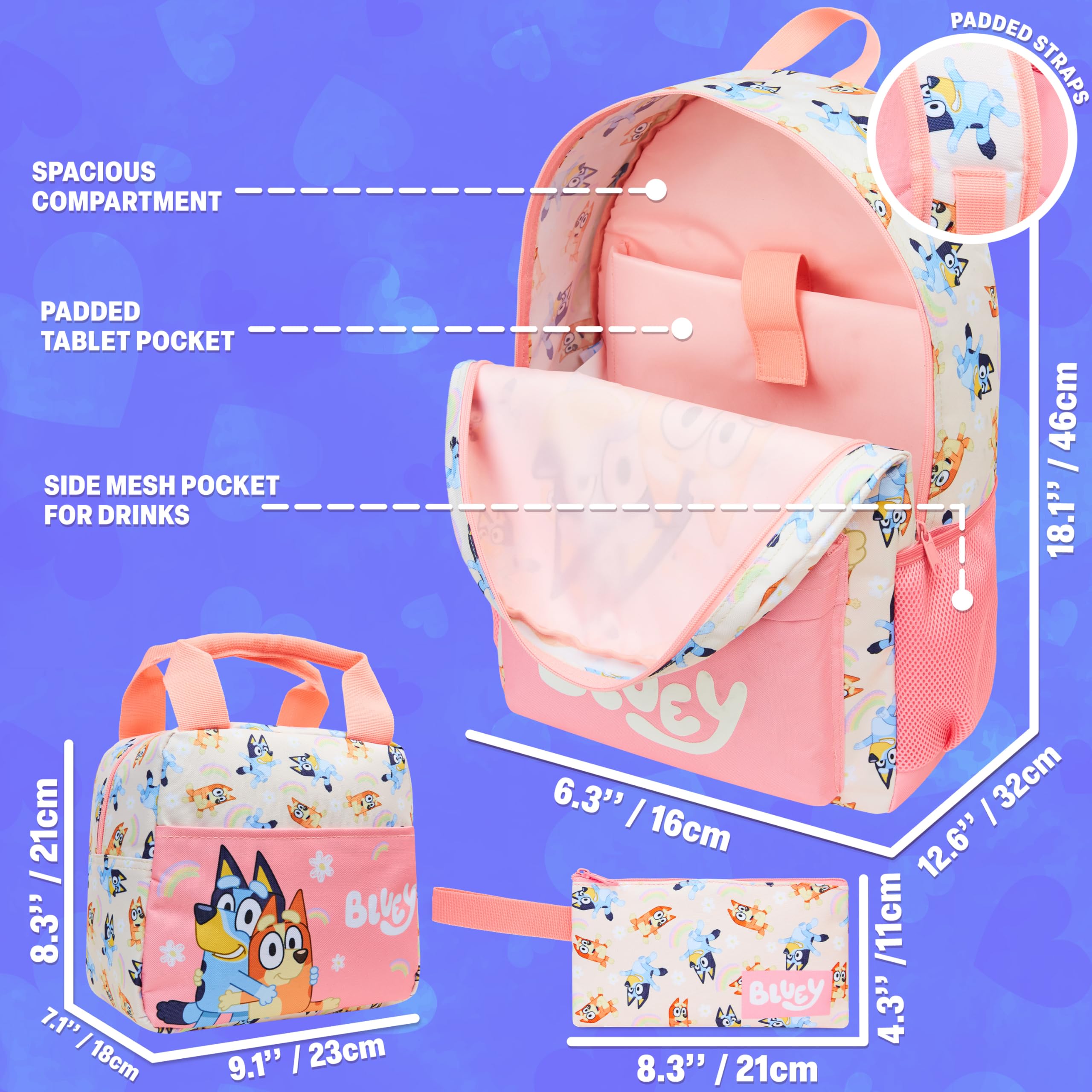 Get Trend Bluey Mochila Escolar Set de 3 Piezas con Mochila Niña, Estuche Escolar y Bolsa Isotermica Porta Alimentos (Multi Bluey)