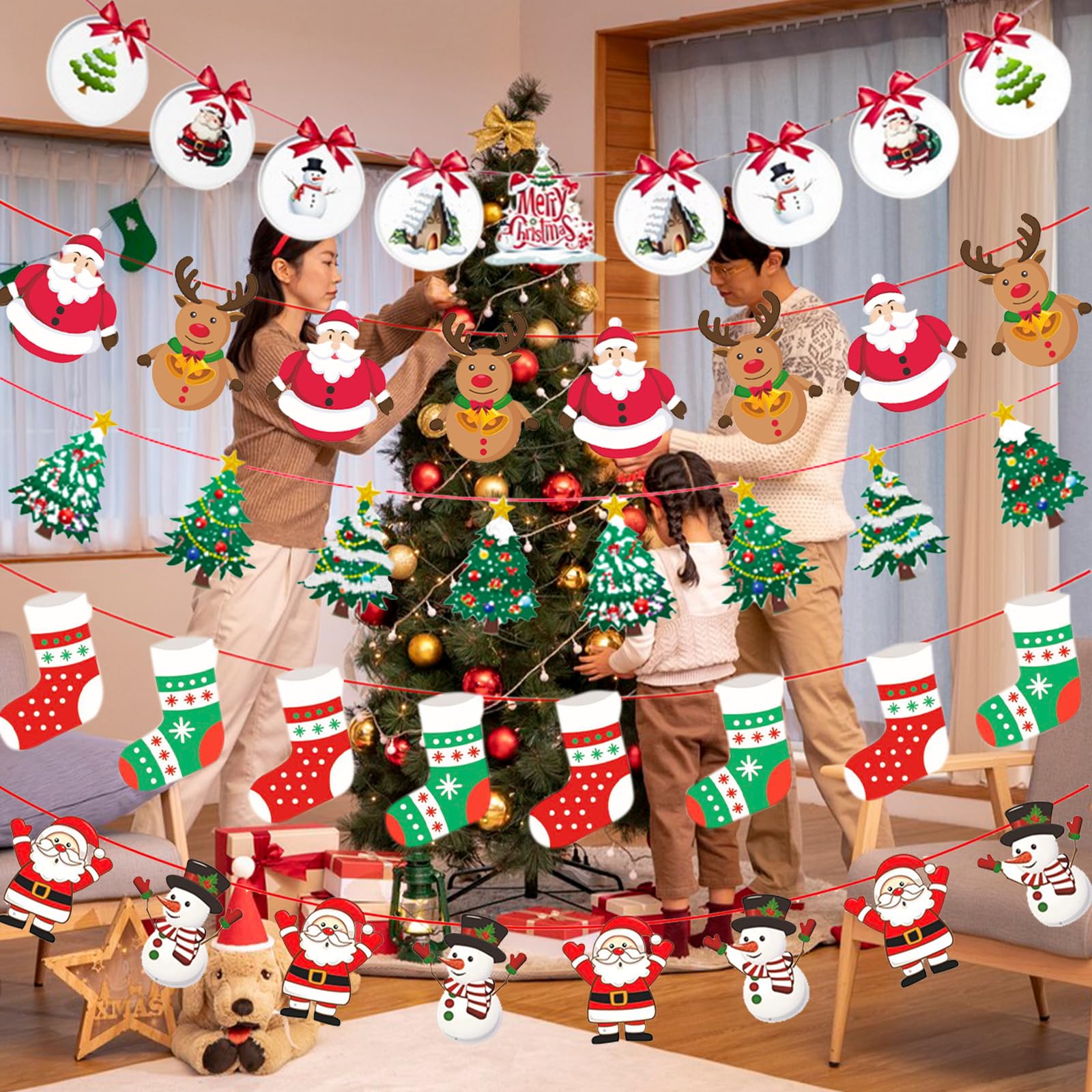 5PCS Christmas Hanging Bunting Garland Decorations Xmas Hanging Bunting Banner Santa Snowman Reindeer Christmas Bunting Flags for Christmas Party Decor - Image 3
