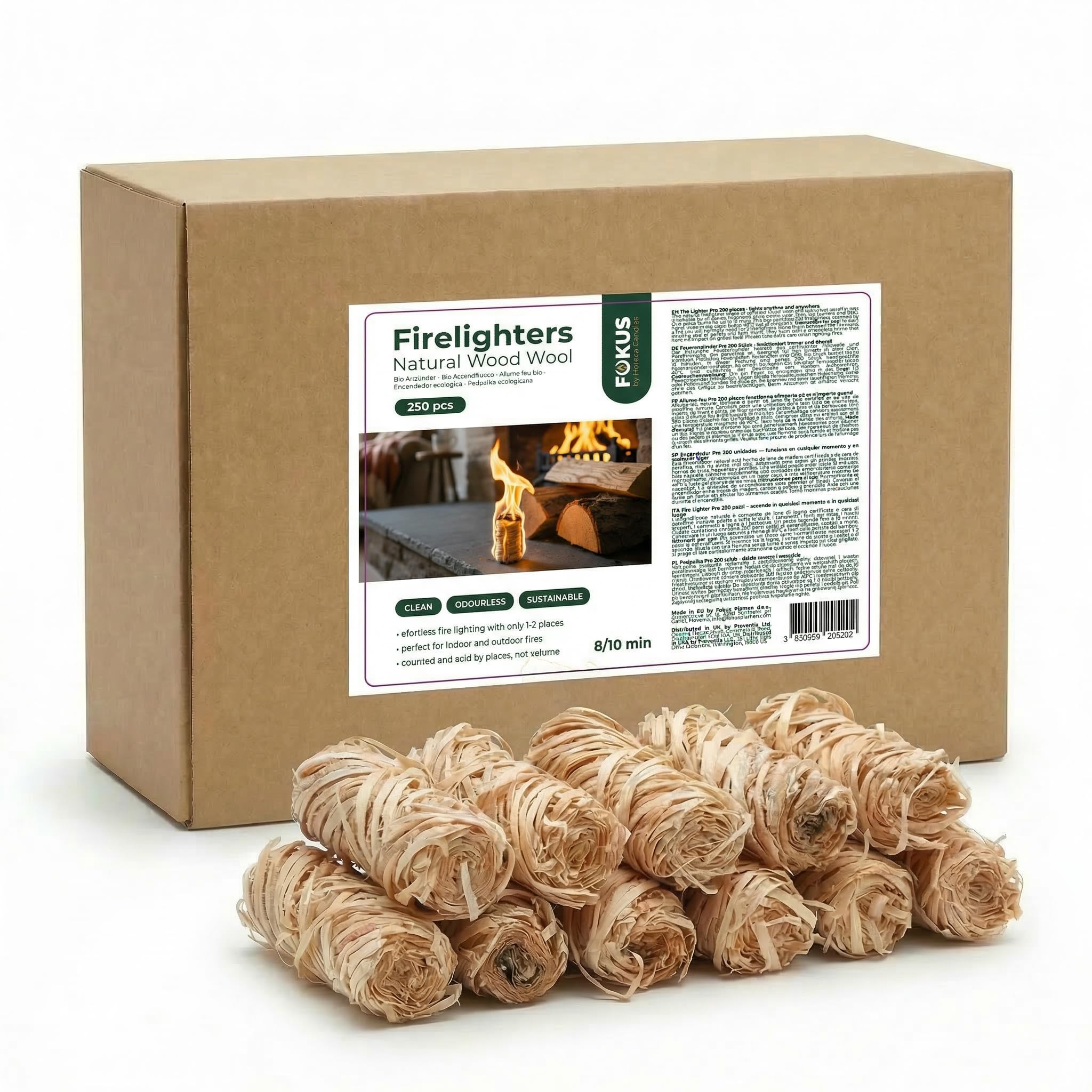 HORECA CANDLES Allume-Feu Naturel en Laine de Bois avec Cire - Lot de 250 Allume-Feux Écologiques pour Barbecue, Cheminée, Poêle à Bois et Brasero - Allumage Rapide, Longue Combustion, sans Odeur