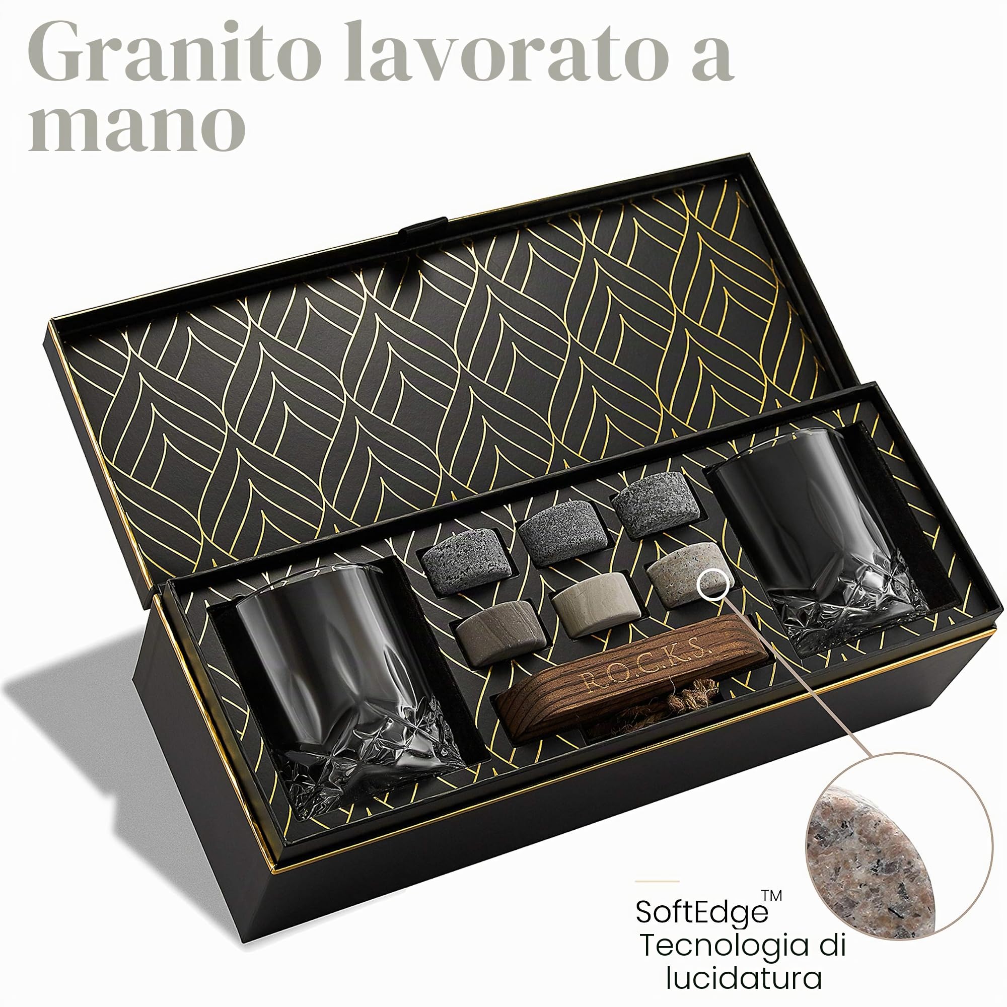 Set Whisky con Pietre Whisky Refrigeranti - 6 Cubetti per Whisky in Granito Artigianali - 2 Bicchieri Whisky in Cristallo - Vassoio in Legno Duro - Elegante Confezione Regalo Laminata d'Oro R.O.C.K.S